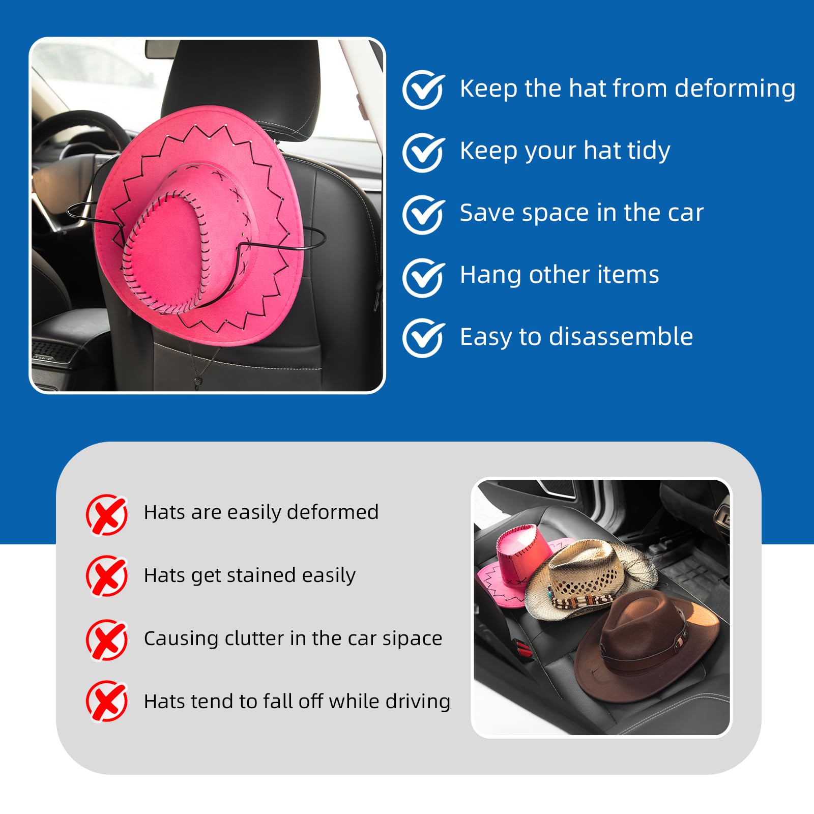 JINSIMAIER 2 Pack Hat Rack - Black Metal Cowboy Hat Holder for Trucks & SUVs, Model DXC005