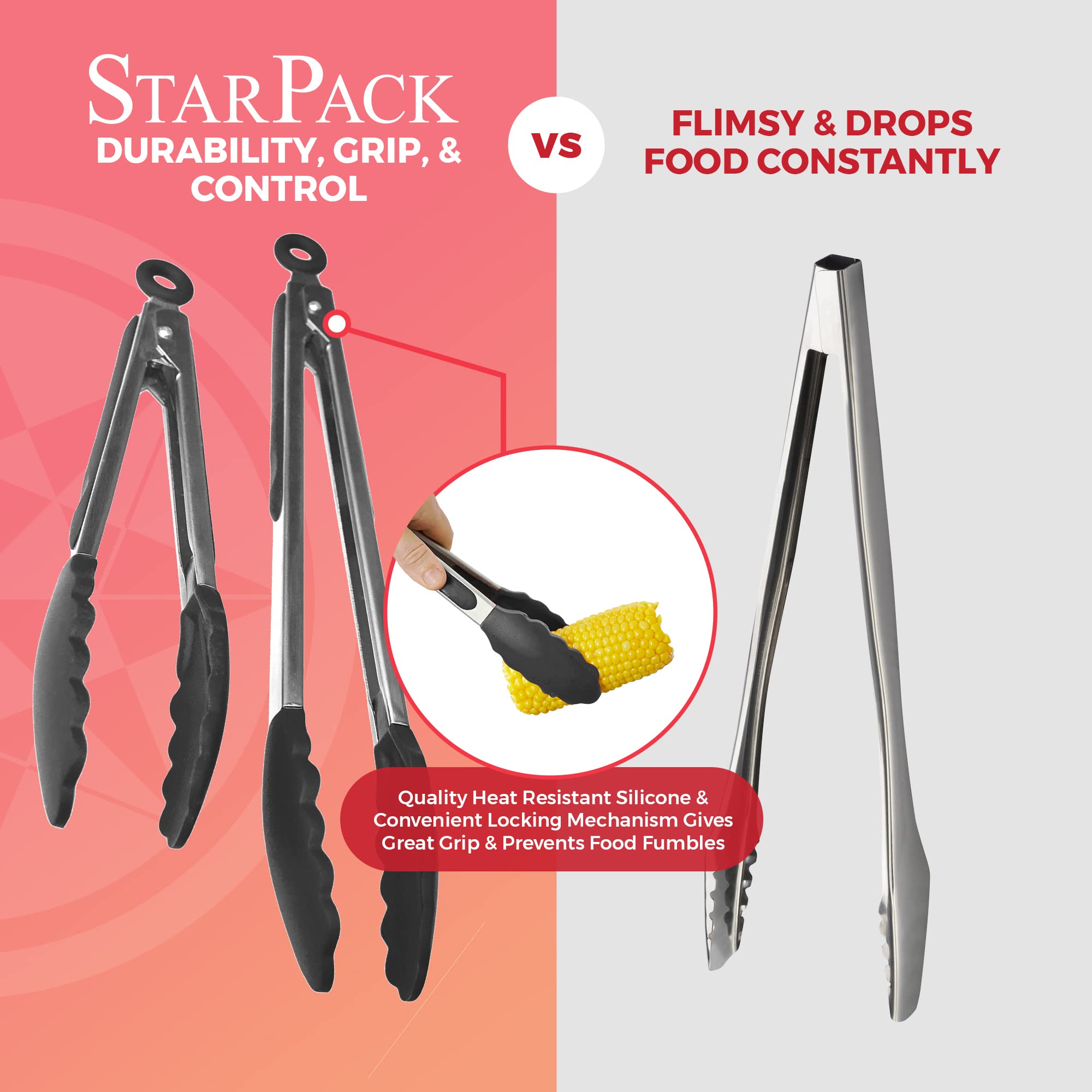 StarPack Premium Silicone Kitchen Tongs for Cooking Set (9'' & 12'' Gray Black) - Stainless Steel Tongs for Cooking with Silicone Tips - Non-Stick  High Heat Resistant Silicone Tongs (600