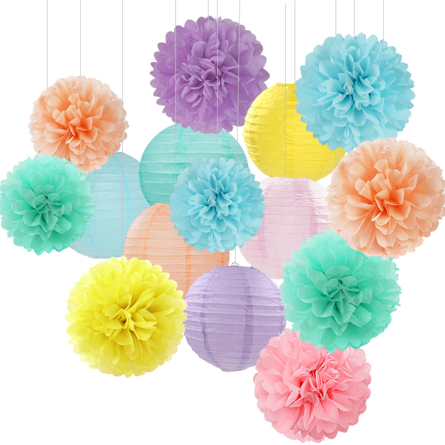 Pastel Rainbow Colorful Party-Decorations Paper Flowers Lanterns - 15Pcs Birthday Classroom Baby Shower Tissue Pom Poms Streamer