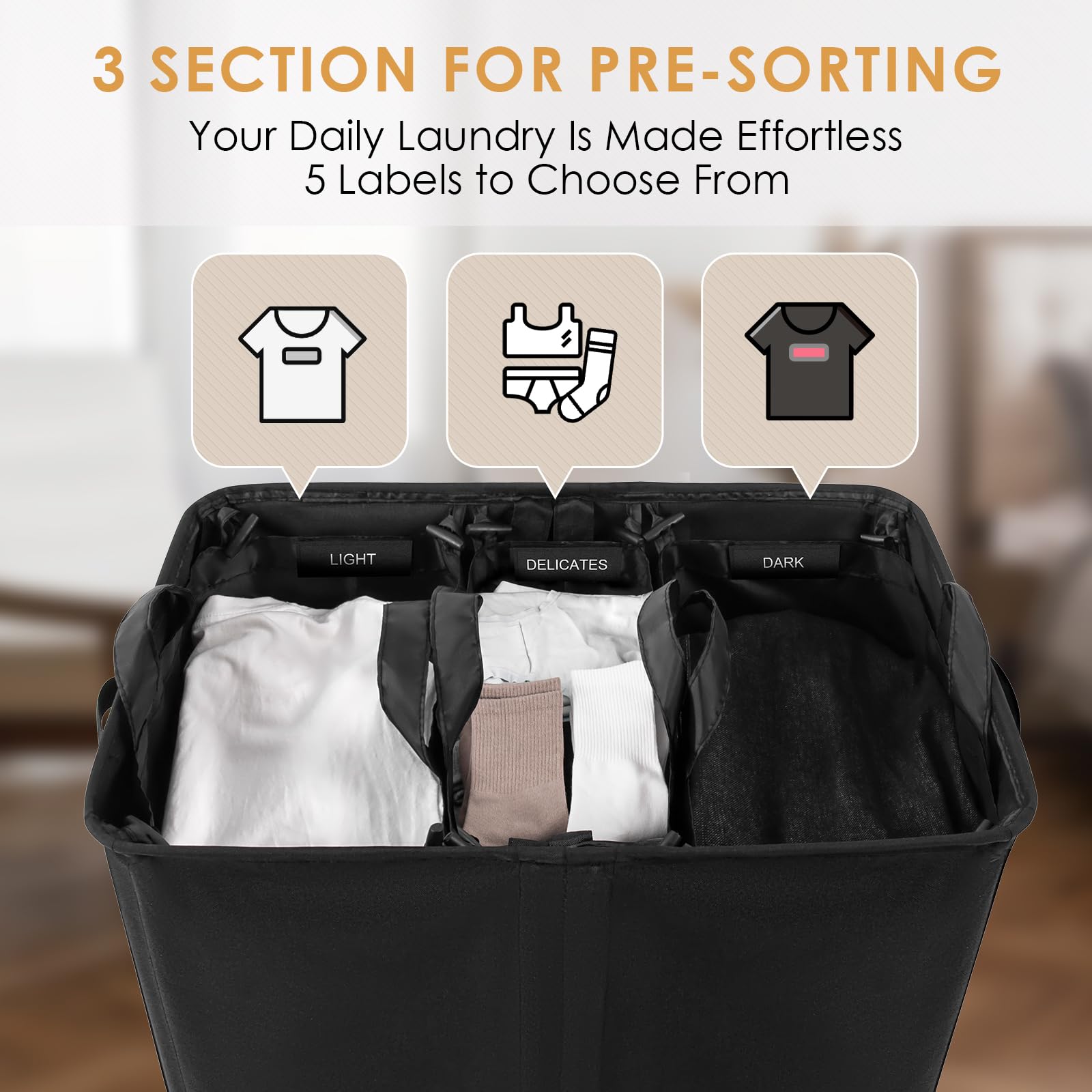 Laundry Hamper 3 Section, 160L Clothes Hampers For Laundry Basket With Lid, 3 Compartment Laundry Hamper With Removable Bags Ham