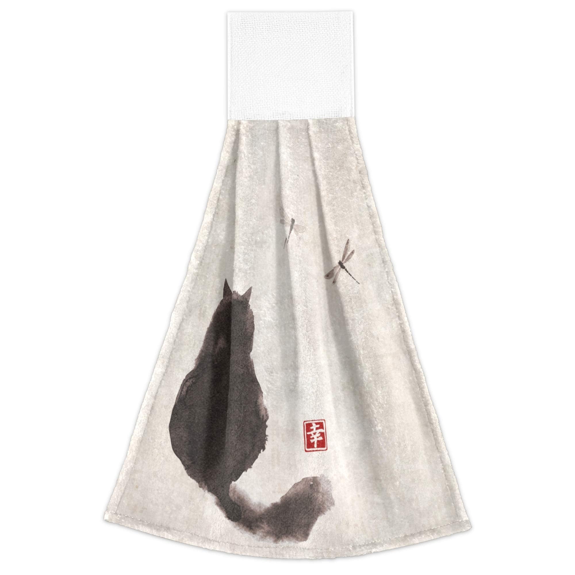 Yyzzh Black Fluffy Cat Watch Dragonfly On Vintage Paper Traditional Japanese Ink Painting Kitchen Hand Towels With Hook & Loop S