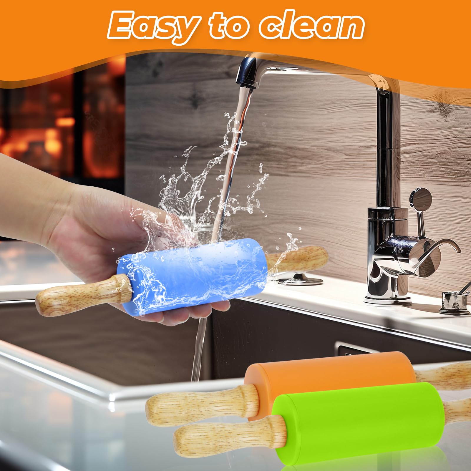 Faxco 4 Pack Mini Rolling Pin For Kids, 9 Inch Wooden Handle Rolling Pin Non-Stick Silicone Rolling Pins For Children Cake Bakin