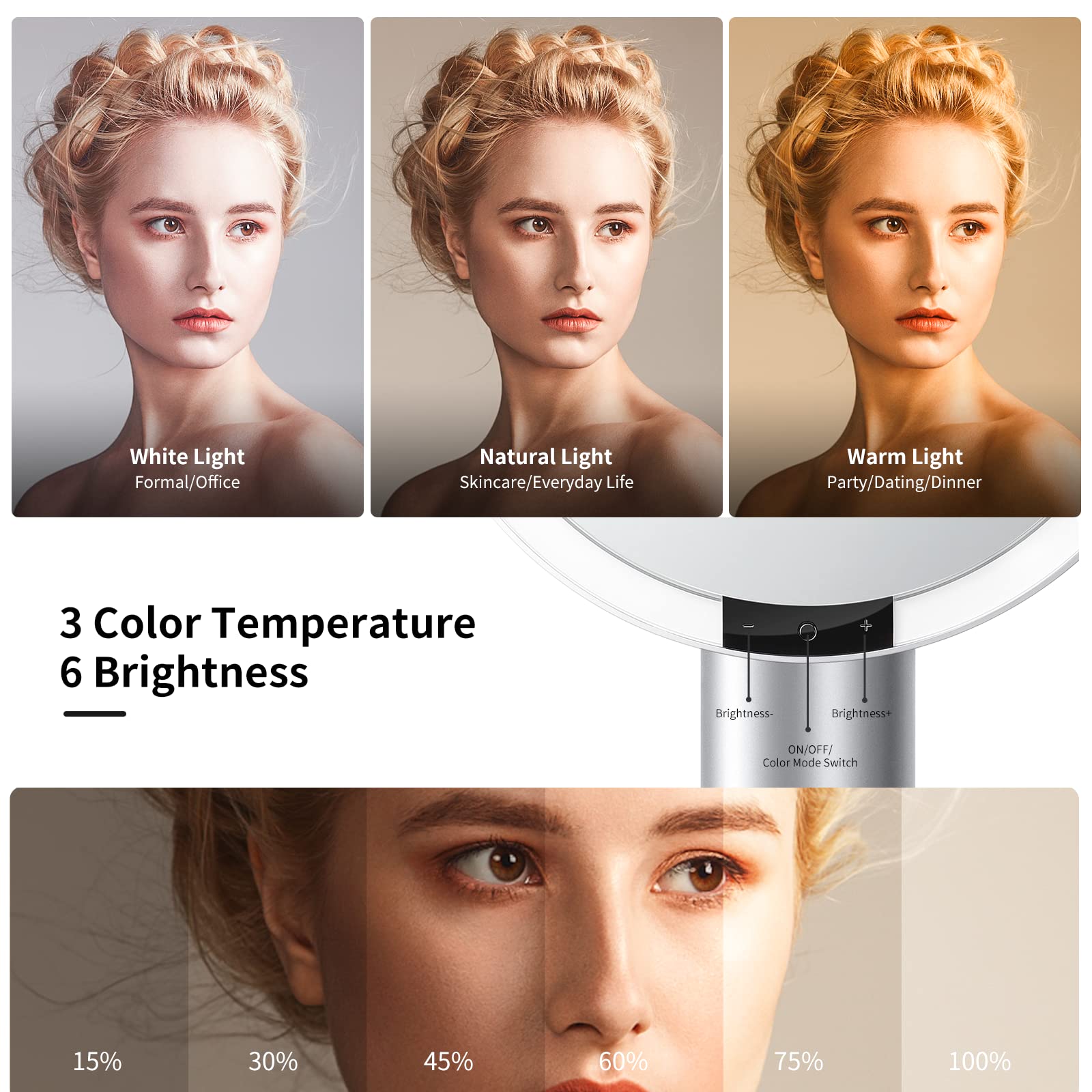 Amiro 9'' Lighted Makeup Mirror With Smart Sensor & Touch-Control, 3 Colors & 6 Brightness, Rechargeable & Cordless, Memory Func