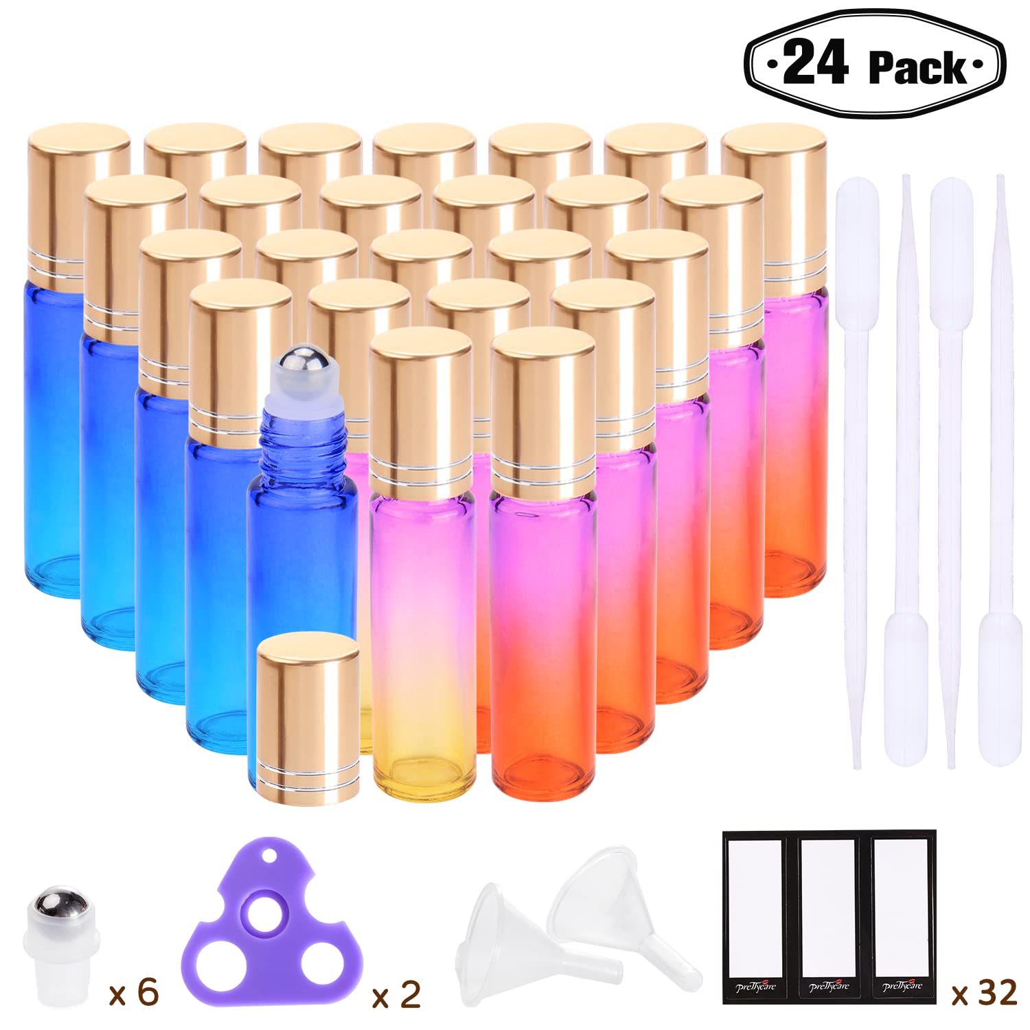 Prettycare Essential Oil Roller Bottles 10Ml (24 Pack Rainbow Glass, Golden Cap, 48 Labels, 4 Extra Roller Balls, 2 Droppers, 2