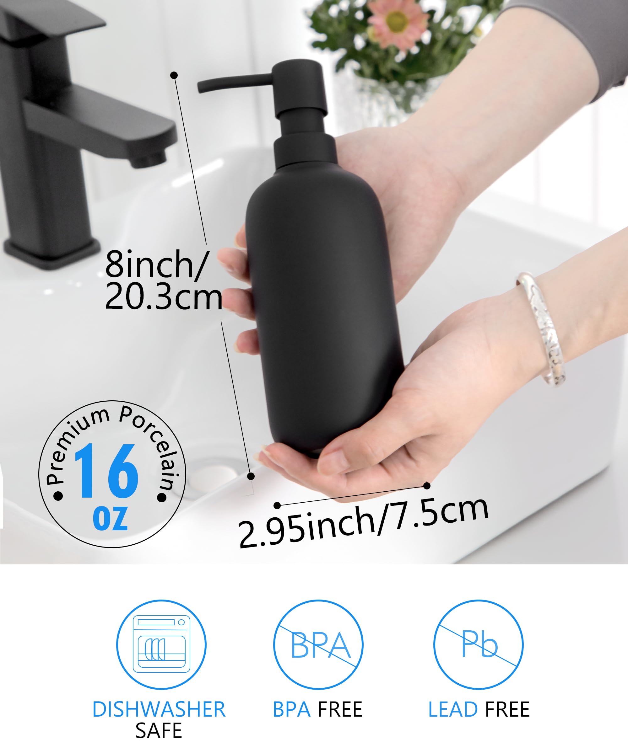 Viosuniu Ceramic Soap Dispenser - Elegant Hand Soap Pump With 4 Labels (Soap, Dishes, Lotion, Hands) - Durable & Stylish Ceramic