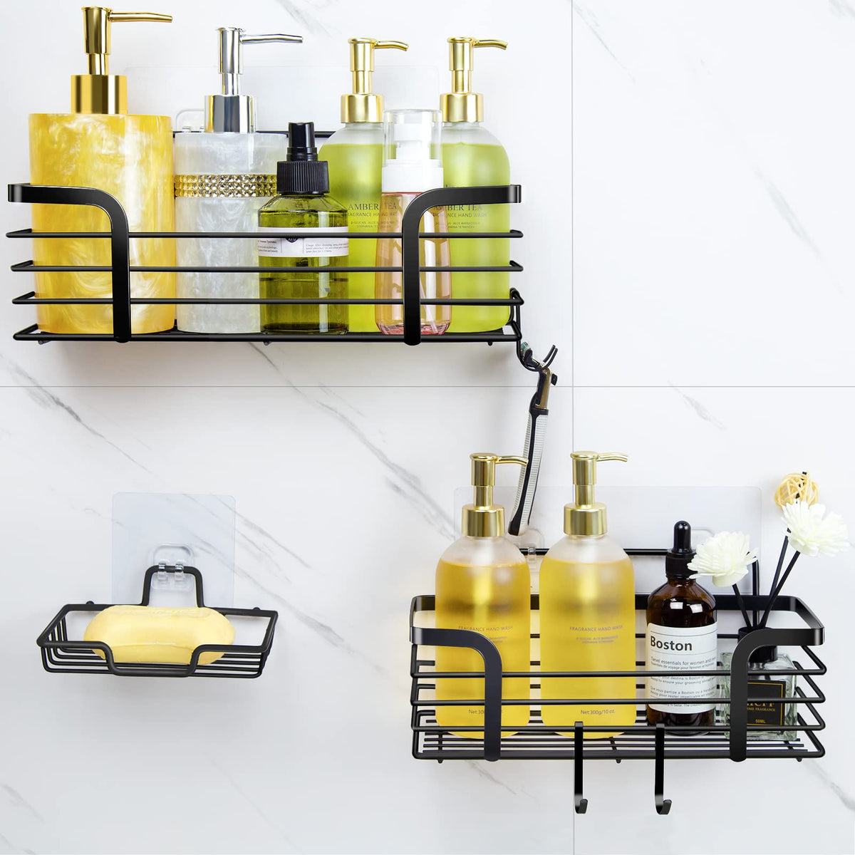 Shower Caddy, Adhesive Shower Organizer With Soap Dish And 4 Hooks, Rustproof Stainless Steel Shower Shelves, Wall Mounted No Dr