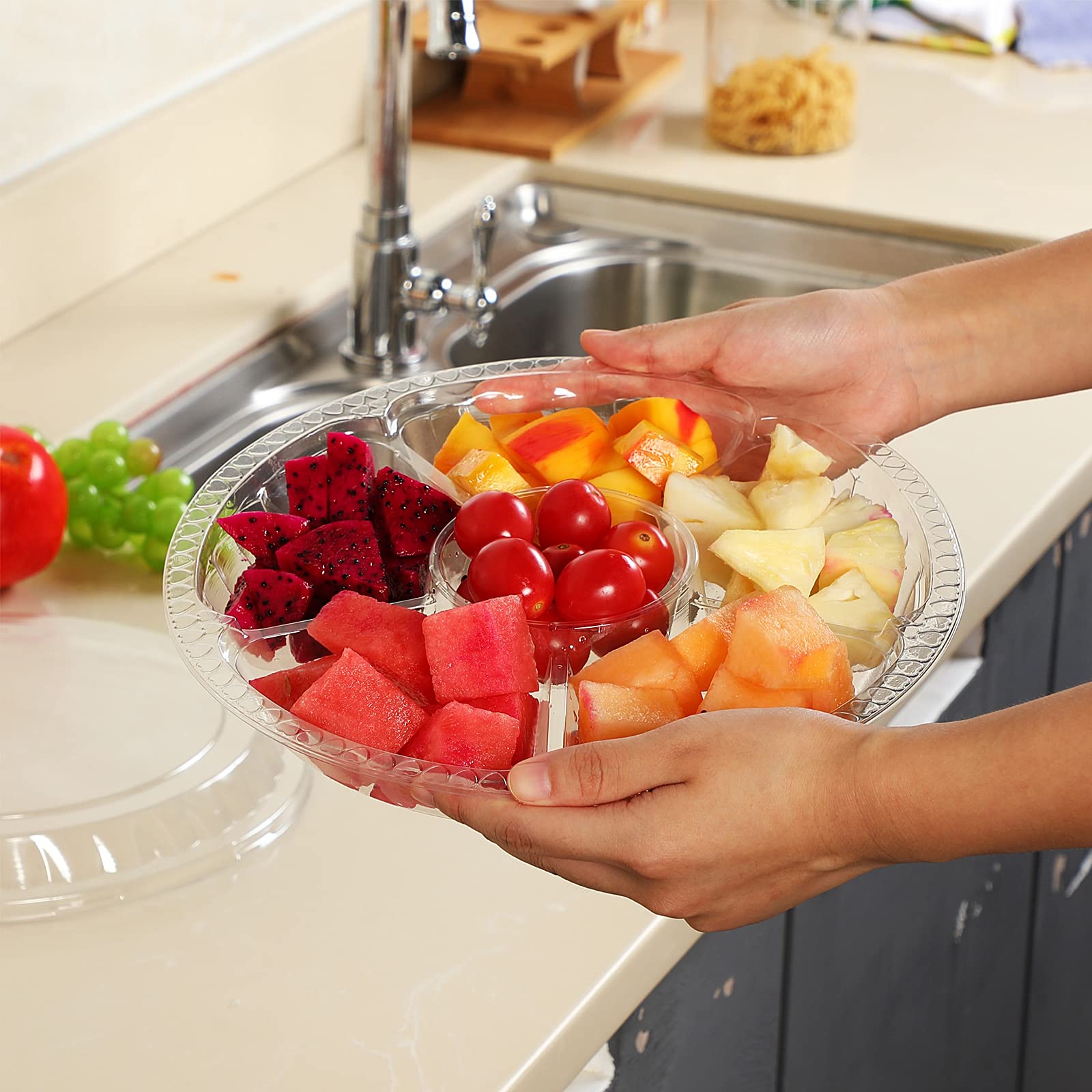 Patelai 10 Pcs Clear Plastic Veggie Tray Set, 6 Compartment Appetizer Serving Platters, Round Disposable Food Trays, Model LM-Patelai-16776