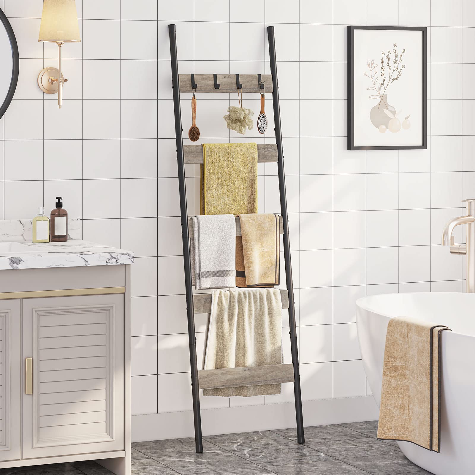 HOOBRO 5-Tier Blanket Ladder Rack, Wall-Leaning Towel Shelf, 17.3"L x 63"W, Greige & Black, Model BG52CJ01