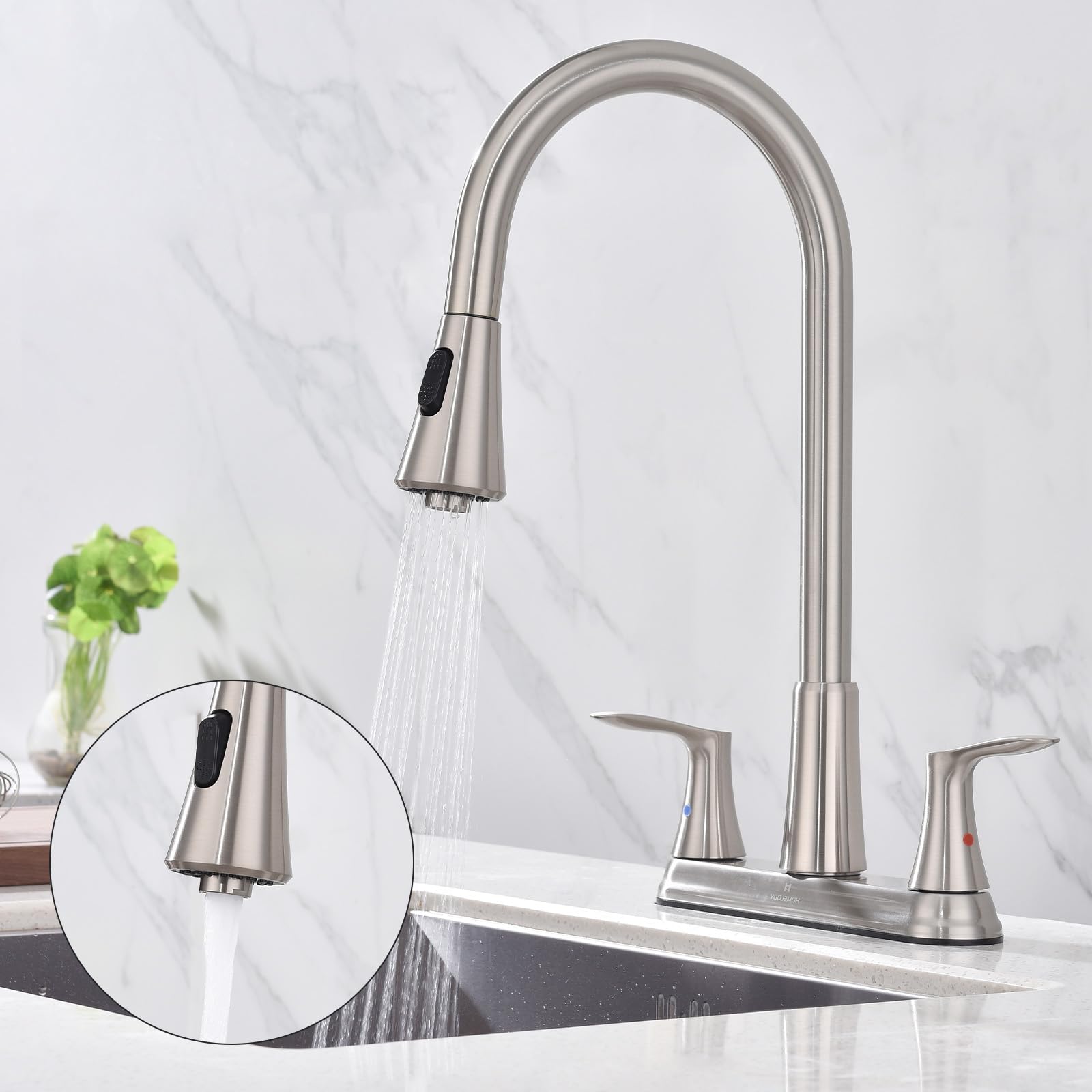 Homelody 2 Handles Kitchen Faucet With Pull Down Sprayer For 3 Hole Sink, 8 Inch 360 Rotating Spout Centerset Kitchen Sink Fauce