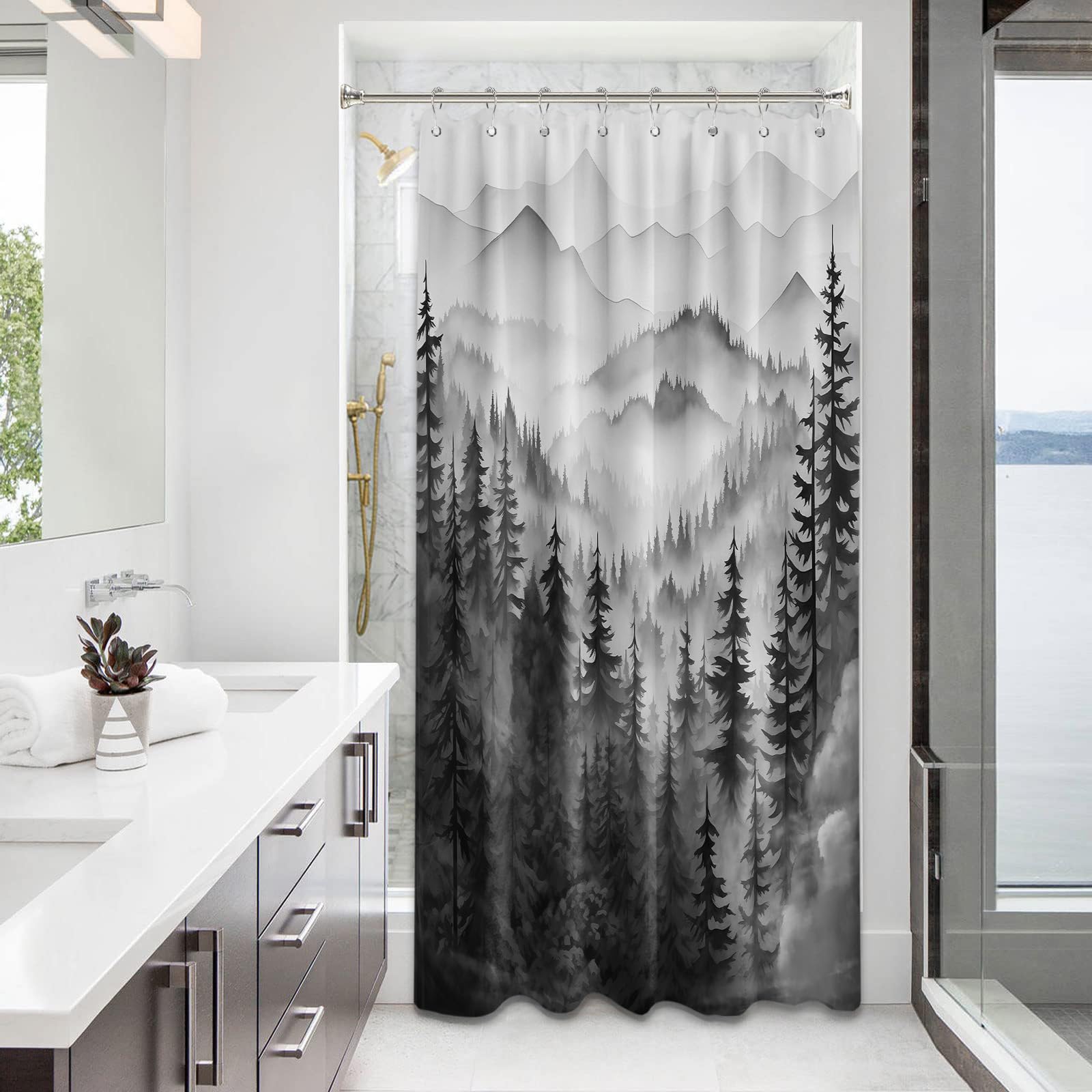 QGHOT Mountain Shower Curtain Black and White Forest Nature Shower Curtains for Mens Bathroom Charcoal Grey Rustic Woodland Pine