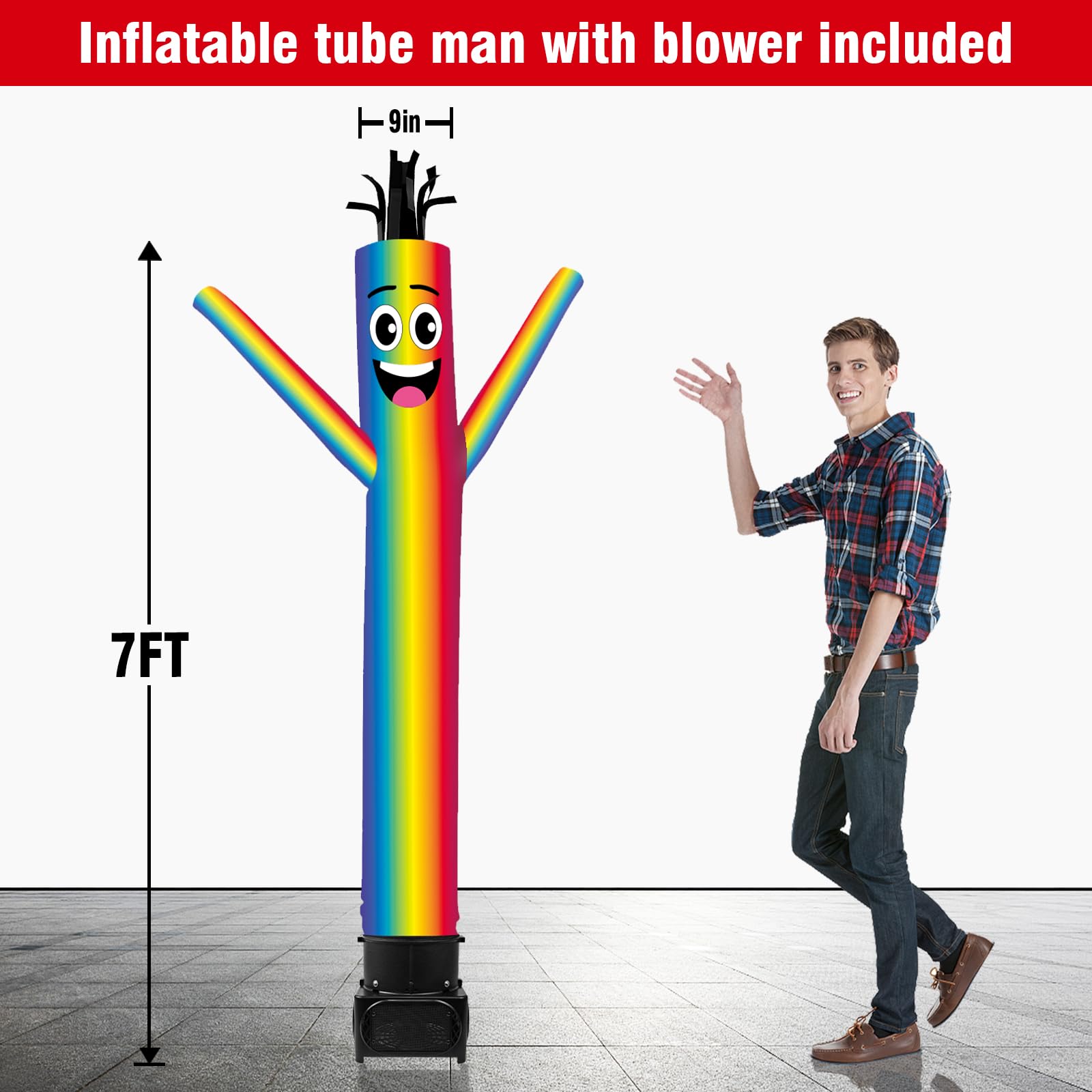 GOODENY 7FT Tall Inflatable Tube Man Rainbow Wacky Wavy Dancing Guy with Weather-Resistant Blower (9  Diameter) for Outdoor Deco