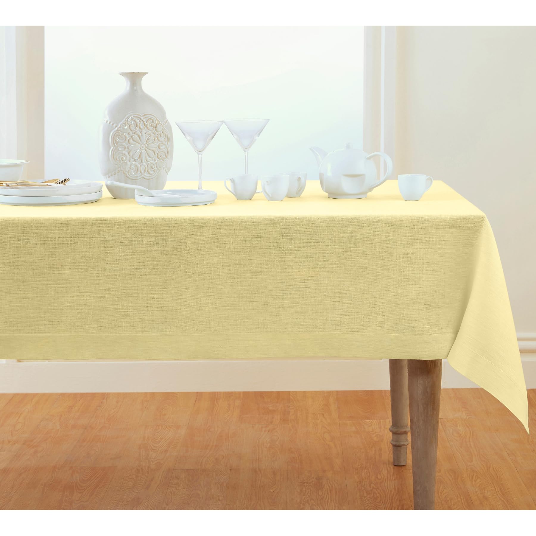 Solino Home Linen Tablecloth 120'' L X 60'' W Inch - 100% Pure Linen Chambray Yellow Table Cloth For Rectangle Tables - Athena,