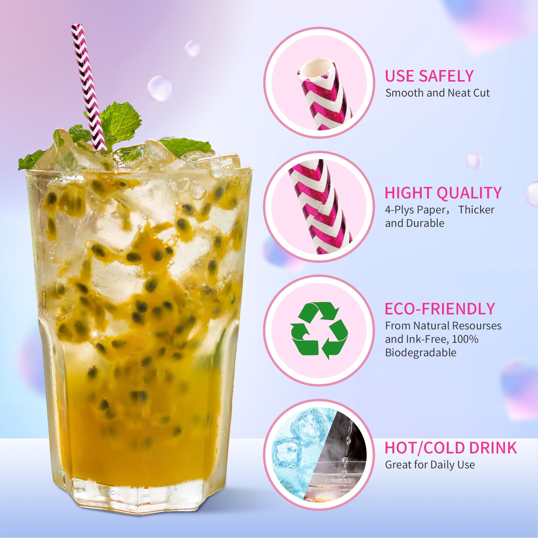 Paktalk Paper Straws Disposable, 100Pack Metallic Rose Gold Wave Paper Straws For Drinking, Crafts, Valentines, Holiday, Party (