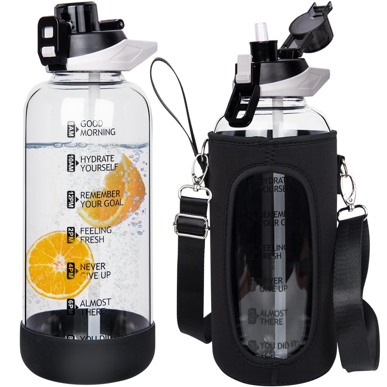 Seekua 64 oz Large Sports Glass Water Bottle with Straw & Time Marker, Motivational Half Gallon Daily Glass Drinking Bottle with