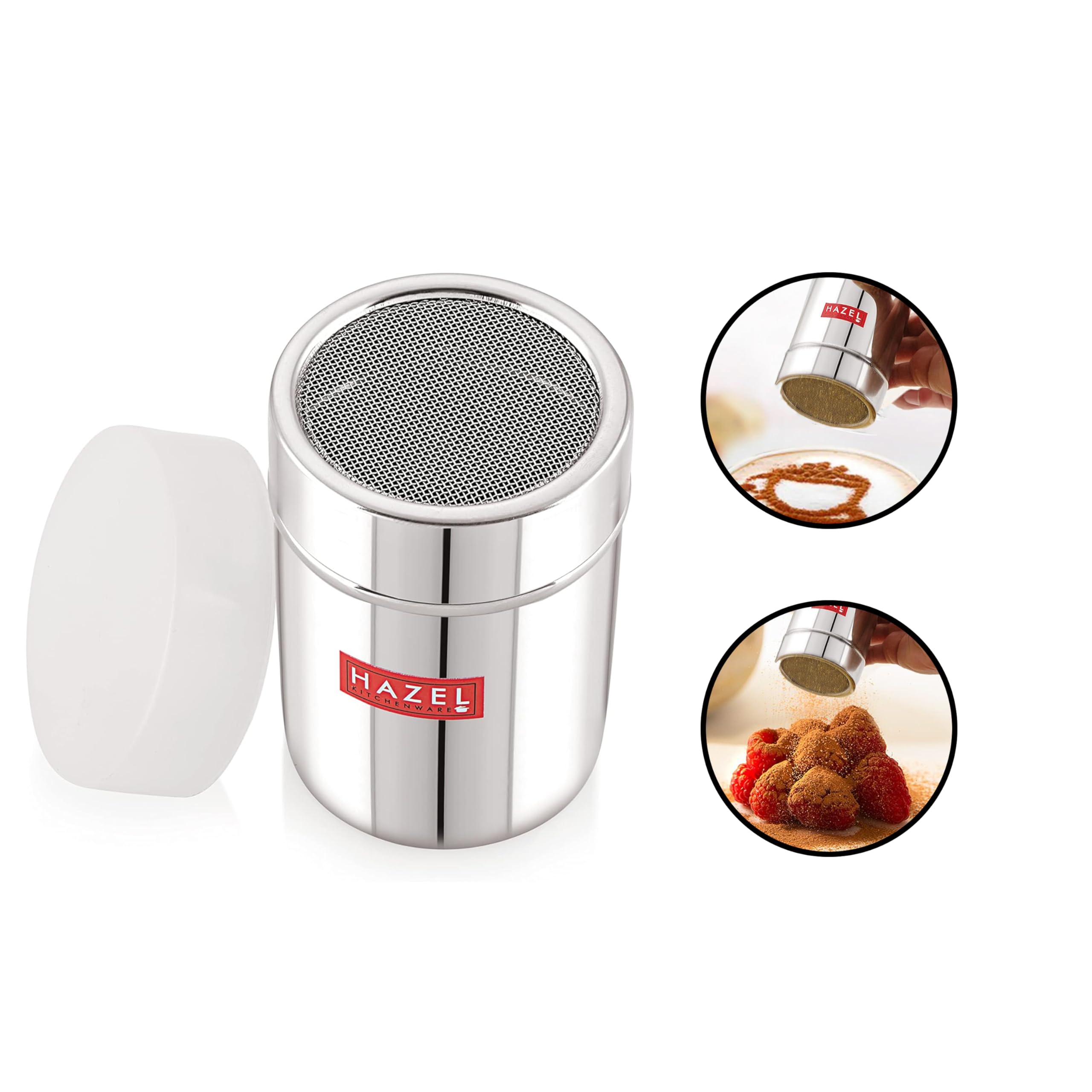 HAZEL Stainless Steel Powder Shaker with Lid, 10.4 oz Sifter for Cocoa, Coffee, Spices - Silver, Model VR11312