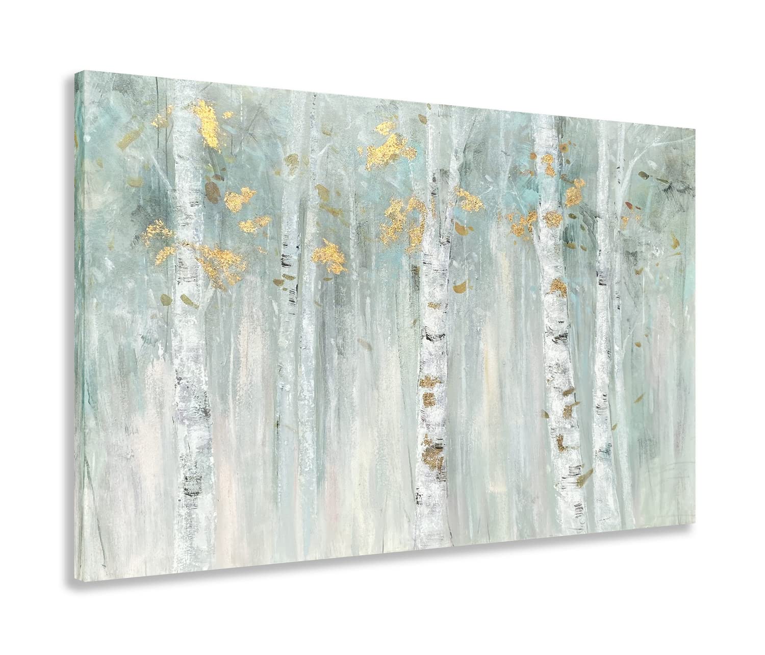 Yihui Arts Birch Tree Canvas Wall Art With Gold Foil - Abstract Forest Paintings With Textured - Green Landscape Pictures For Li