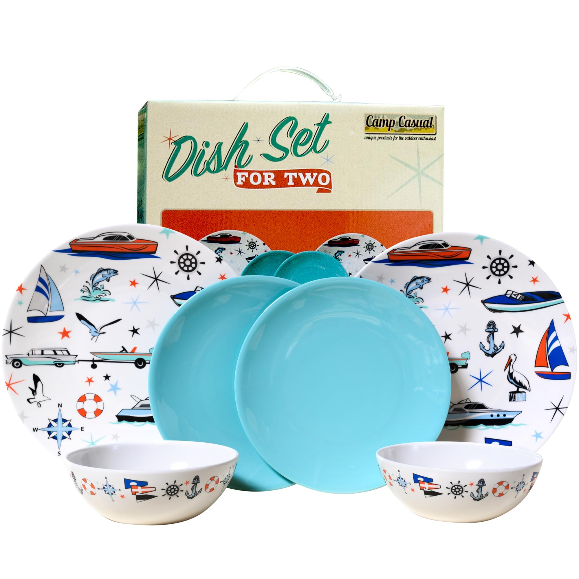 Melamine Dinnerware Sets - 6-pc Marine Dish Set - 2 Bowls, 2 Salad & 2 Dinner Melamine Plates for Indoor & Outdoor - BPA Free, D