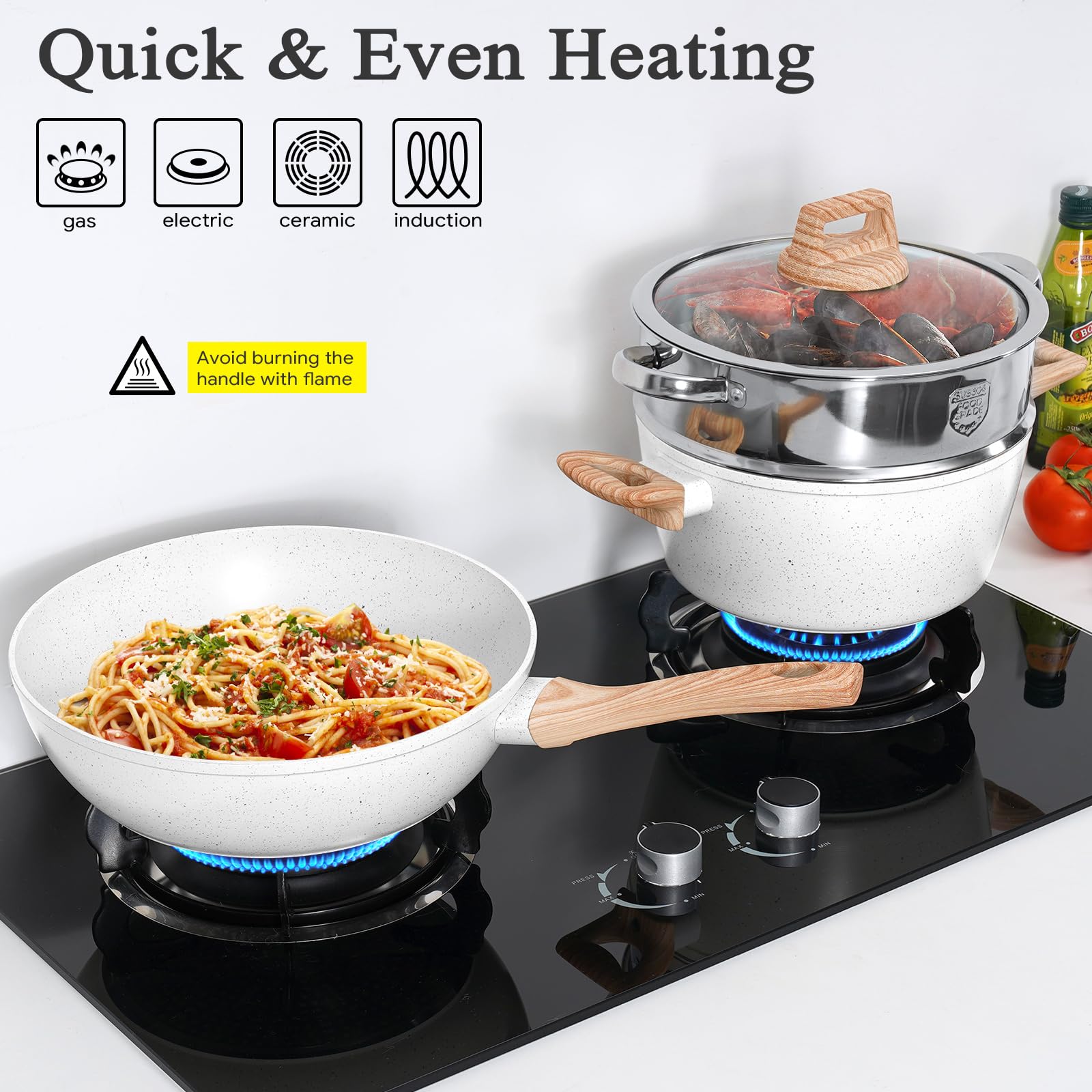 SODAY Pots and Pans Set Non Stick, 13 Pcs Kitchen Cookware Sets White Granite Nonstick Cooking Set with Frying Pans, Saucepans,