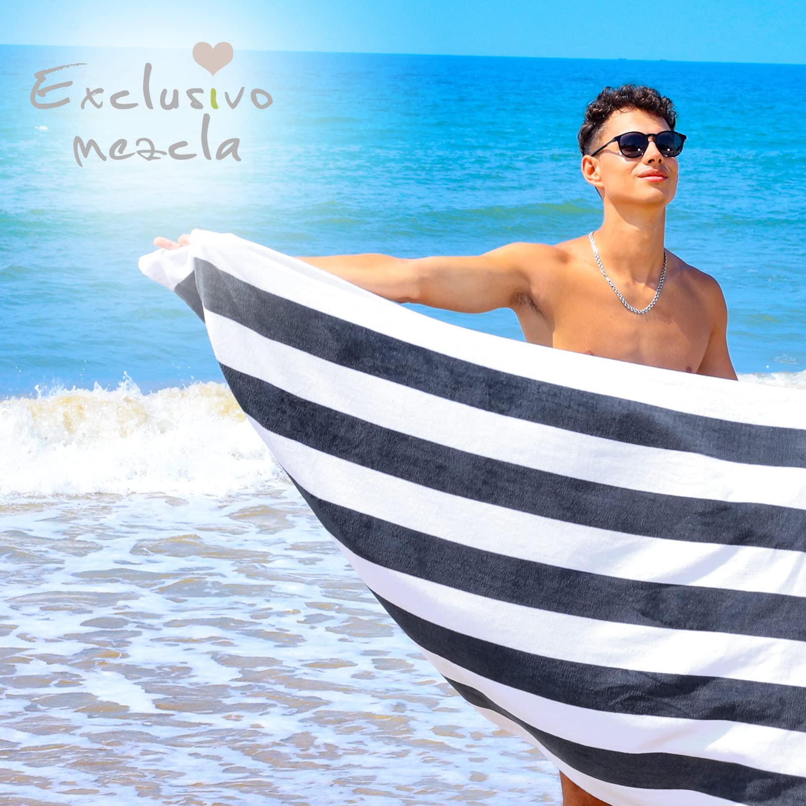 Exclusivo Mezcla Cotton Oversized 35X70 Inches Cabana Stripe Beach Towel, Super Absorbent Soft Plush Pool Bath Towel (Charcoal G