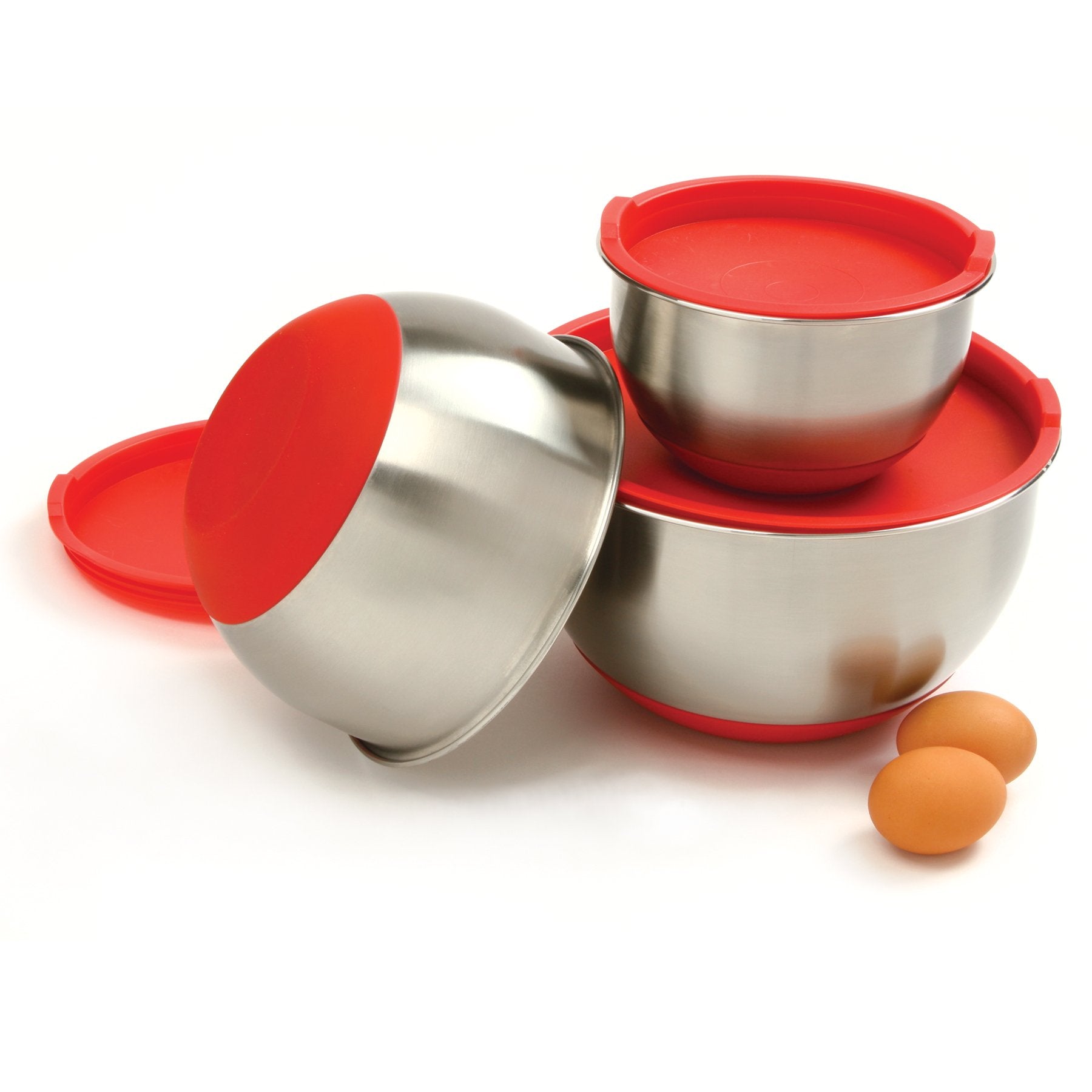 Norpro 3-Piece Stainless Steel Grip Bowls With Lids, Red
