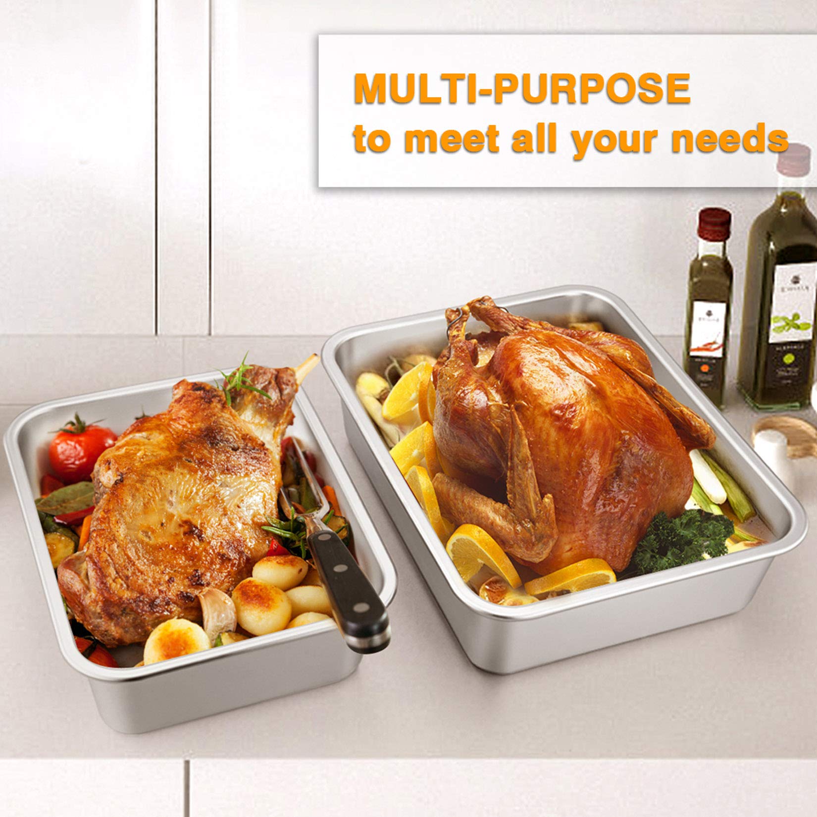 P&P Chef Deep Lasagna Pan Set (12.7 & 10.7 Stainless Steel Rectangular Baking Pan For Brownie/Cake/Meat, Non-Toxic & Heavy Duty,