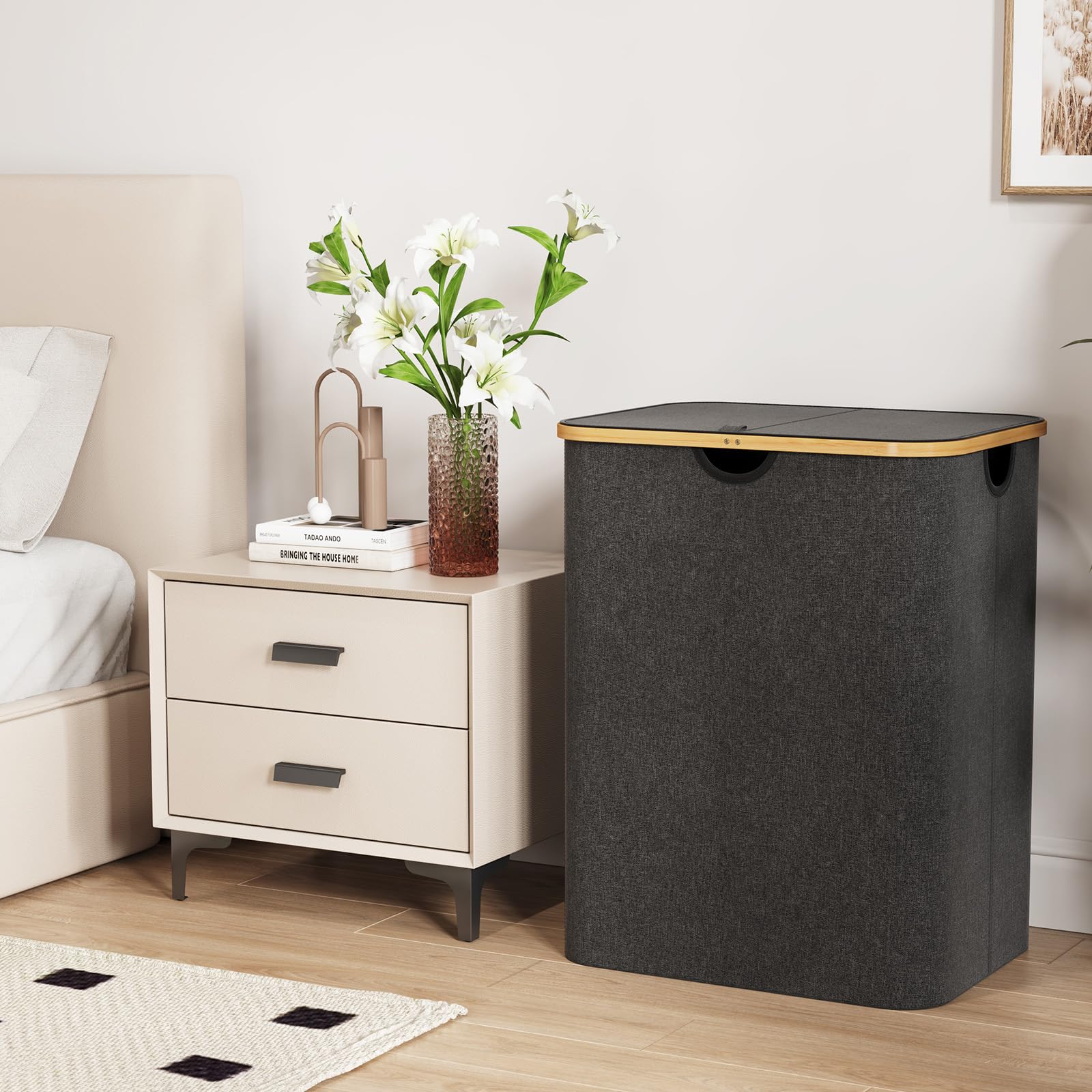 Lifewit 120L Laundry Basket With Lid, Clothes Hampers For Laundry With Bamboo Handles And A Removable Laundry Bag, Large Foldabl