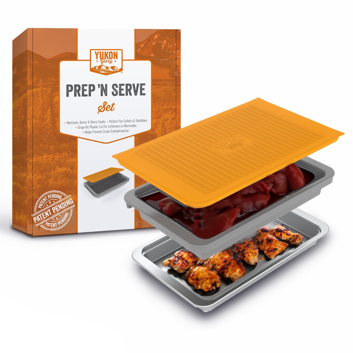 Prep N Serve Premium Set - Plastic Container With Lid For Marinades, Stainless Steel Serving Tray, Aluminum Defrosting Tray, And