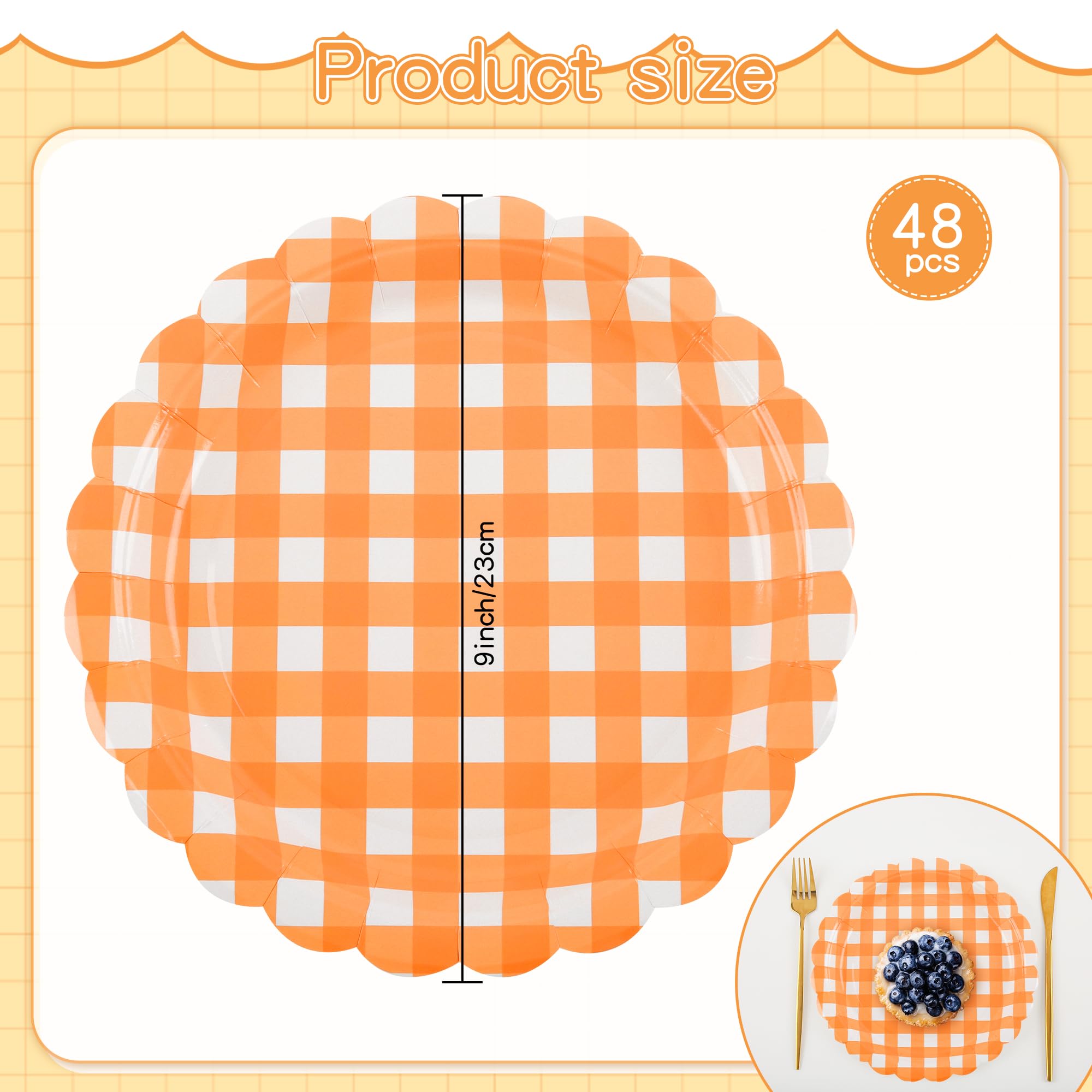 Houuqe 48 Pcs Gingham Paper Plates - 7 Inch Scalloped Fall Paper Plates Orange and White Checkered Party Plate Disposable Plaid