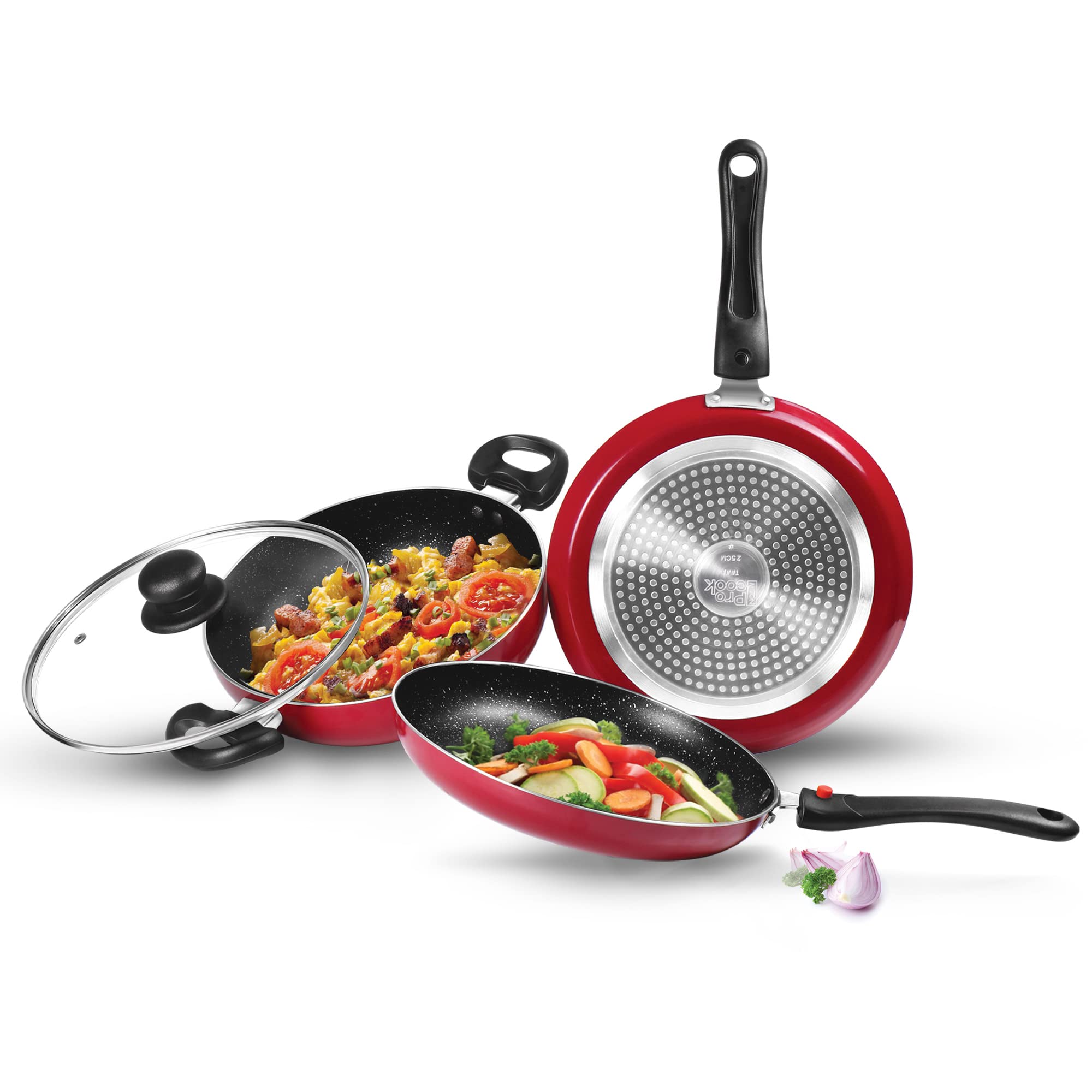 Milton Pro Cook Kitchen Jewel Set of 3 (Fry pan 24 cm/1.6 litres; Kadhai 24 cm/2.5 litres with Glass lid & Tawa 25 cm), Maroon |