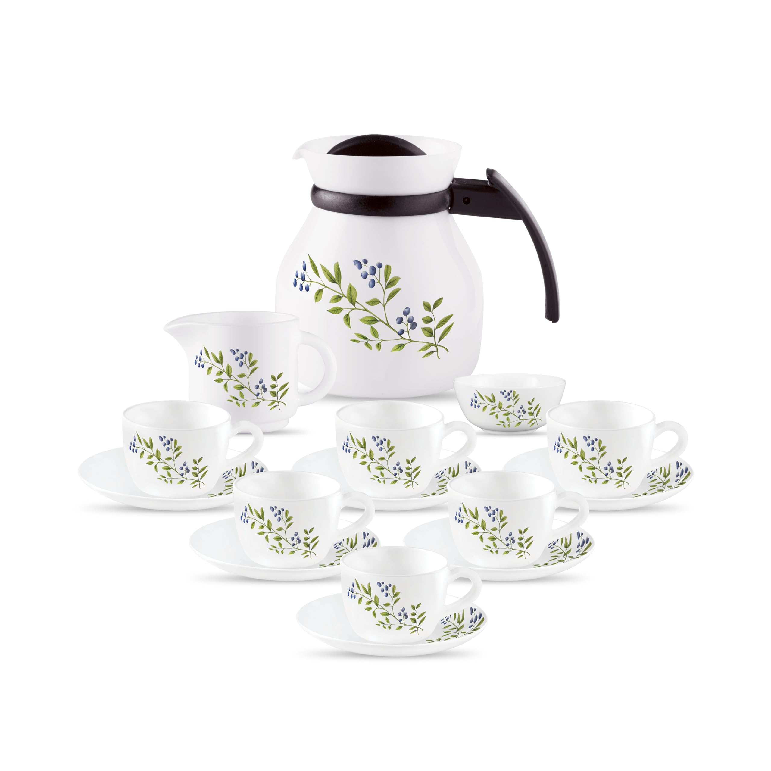 La Opala Novo Collection Opal Glass Crockery | Tea Set 15 Pcs | Cup & Saucer With Tea Pot, Milk Pot & Sugar Bowl, Lush Greens | 