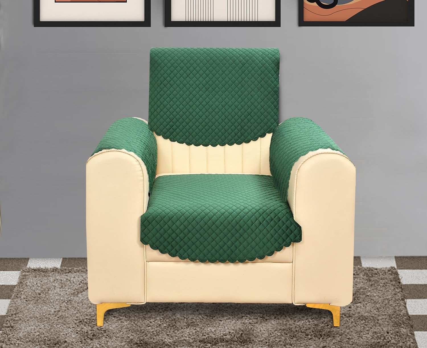 Yellow Weaves Velvet 1 Seater Self Design Quilted Sofa Chair Cover With Arm Cover, Seat & Back Cover, Color - Dark Green