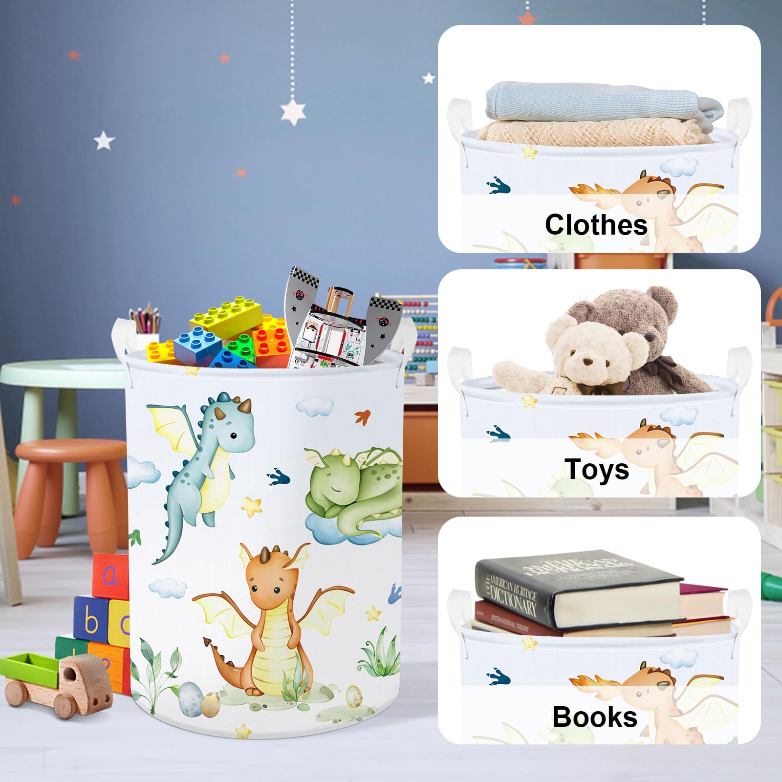 Clastyle Blue Dragon Kid Laundry Hamper With Lid Flying Dino Collapsible Laundry Basket With Handles Star Cloud Clothes Towel To