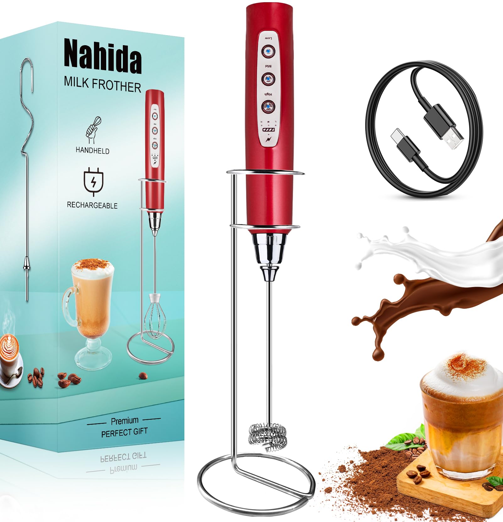 Nahida Red Milk Frother Wand For Coffee, Frother Handheld With Stand Rechargeable Electric Whisk With 3 Heads 3 Speeds Drink Mix