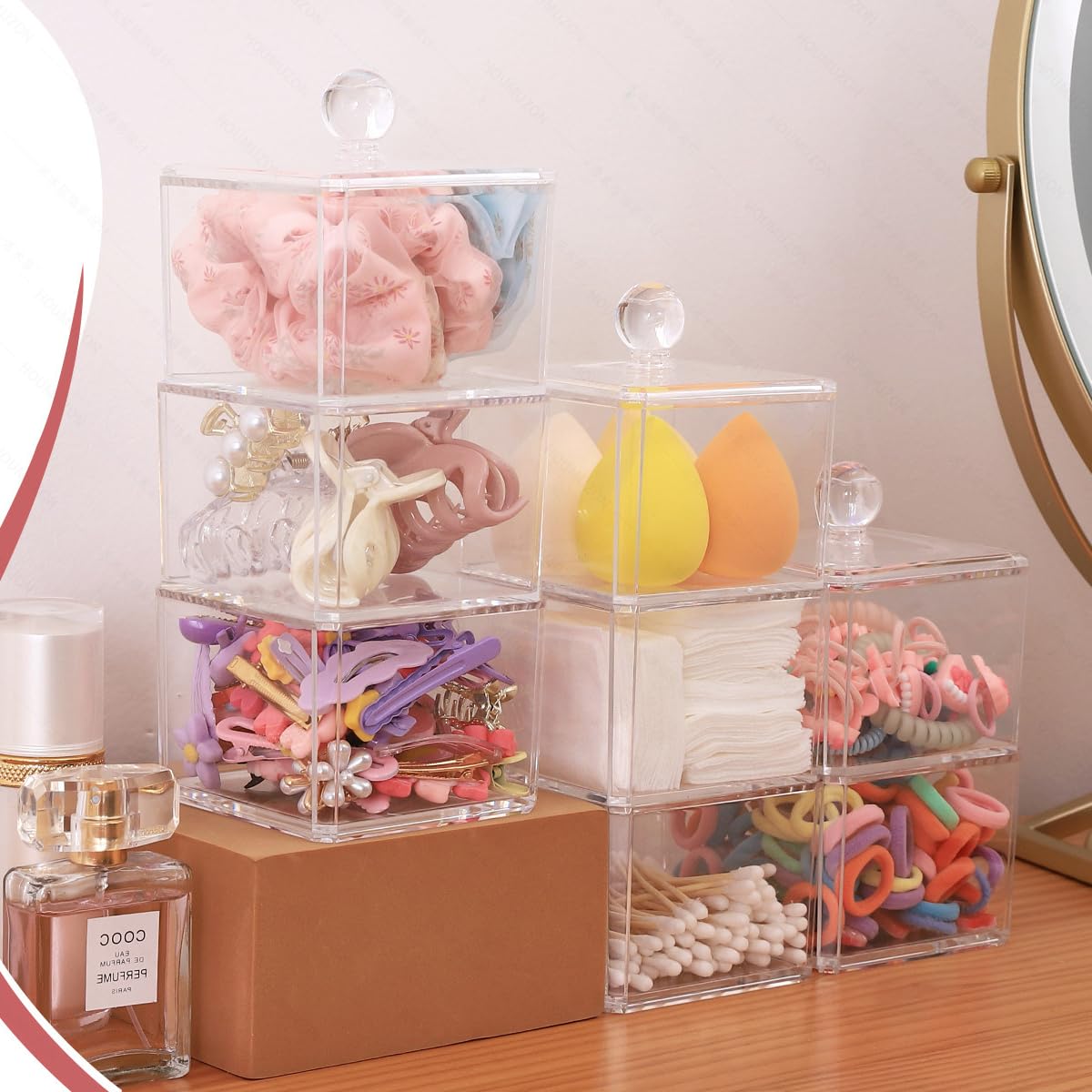 BLVRYVIO Hair Accessories Organizer for Girls  Clear 3 Stackable Acrylic Hair Tie Organizer for Headband  Bows  Cotton Swab Organization  Bathroom Containers Hair Clip Holder Storage with Lids
