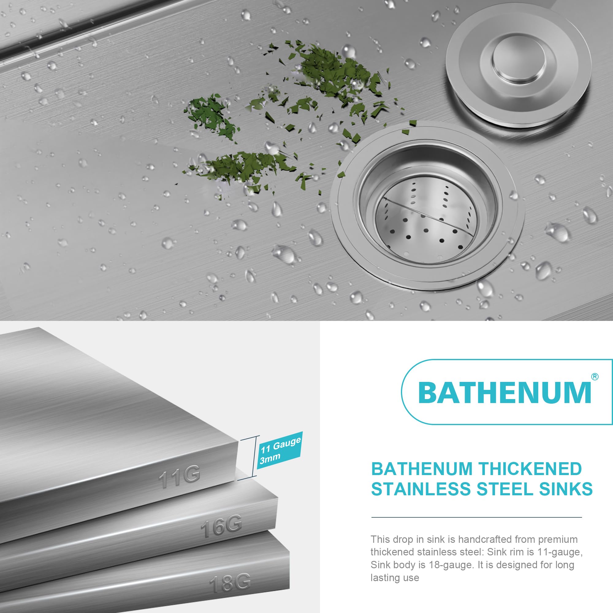 Bathenum 20'' X 16'' Drop In Kitchen Sink 304 Stainless Steel Single Bowl Topmount Kitchen Sink With Drain Kit And Bottom Grid,