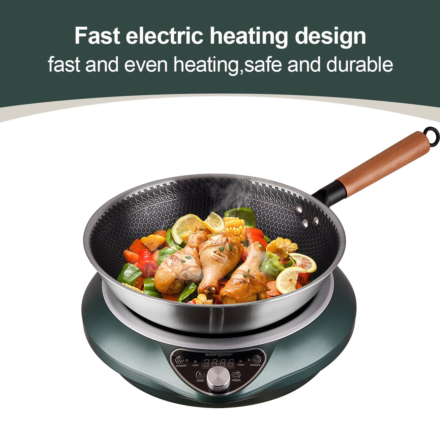 Abangdun Induction Wok Cooktop 1700W 120V Concave Induction Cooker Wok Burner(Authentic 13.4-Inch 304 Stainless Steel Cooking Wo