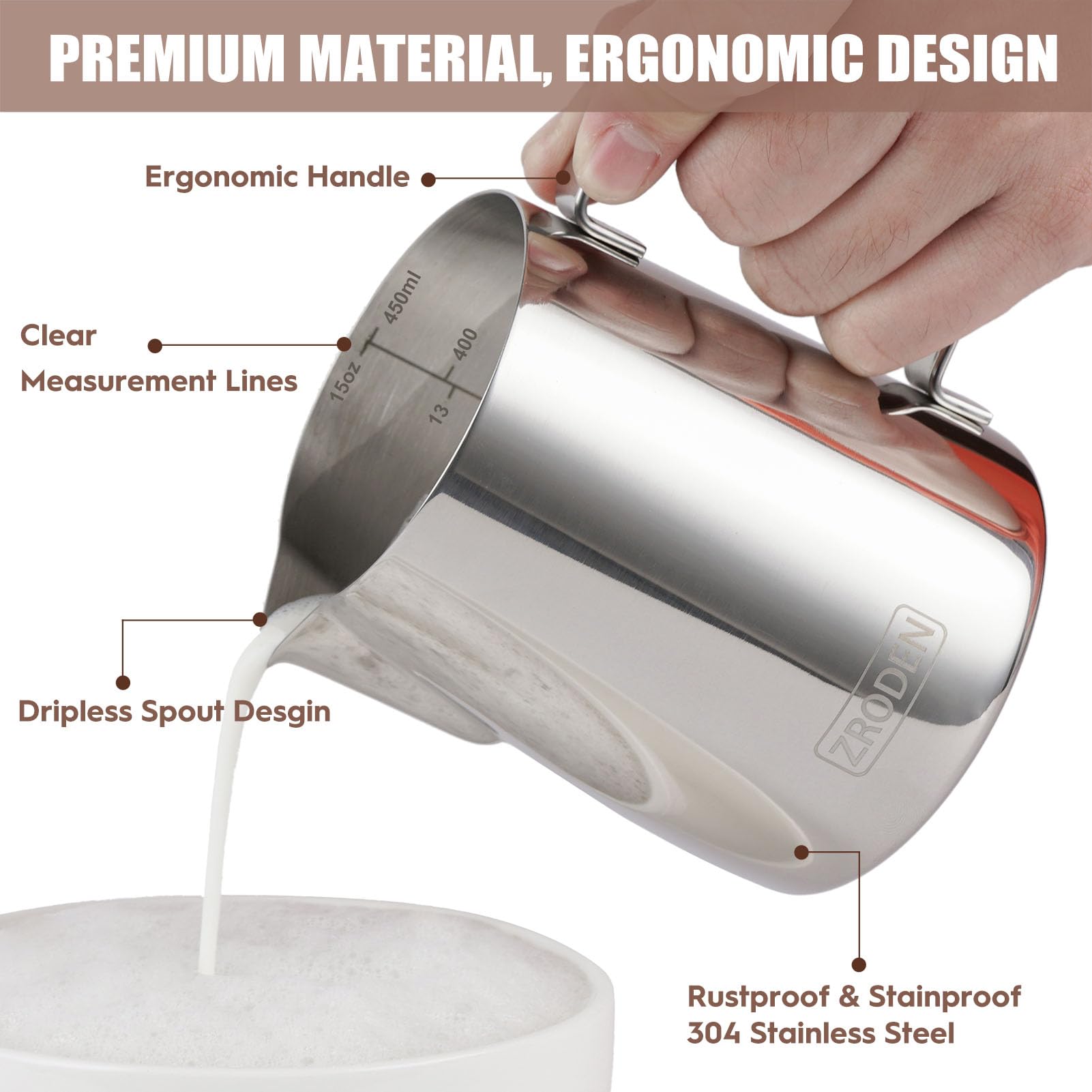 Milk Frothing Pitcher, 15Oz 450Ml Espresso Steaming Pitchers Stainless Steel Cappuccino Coffee Machine Accessories Barista Tools