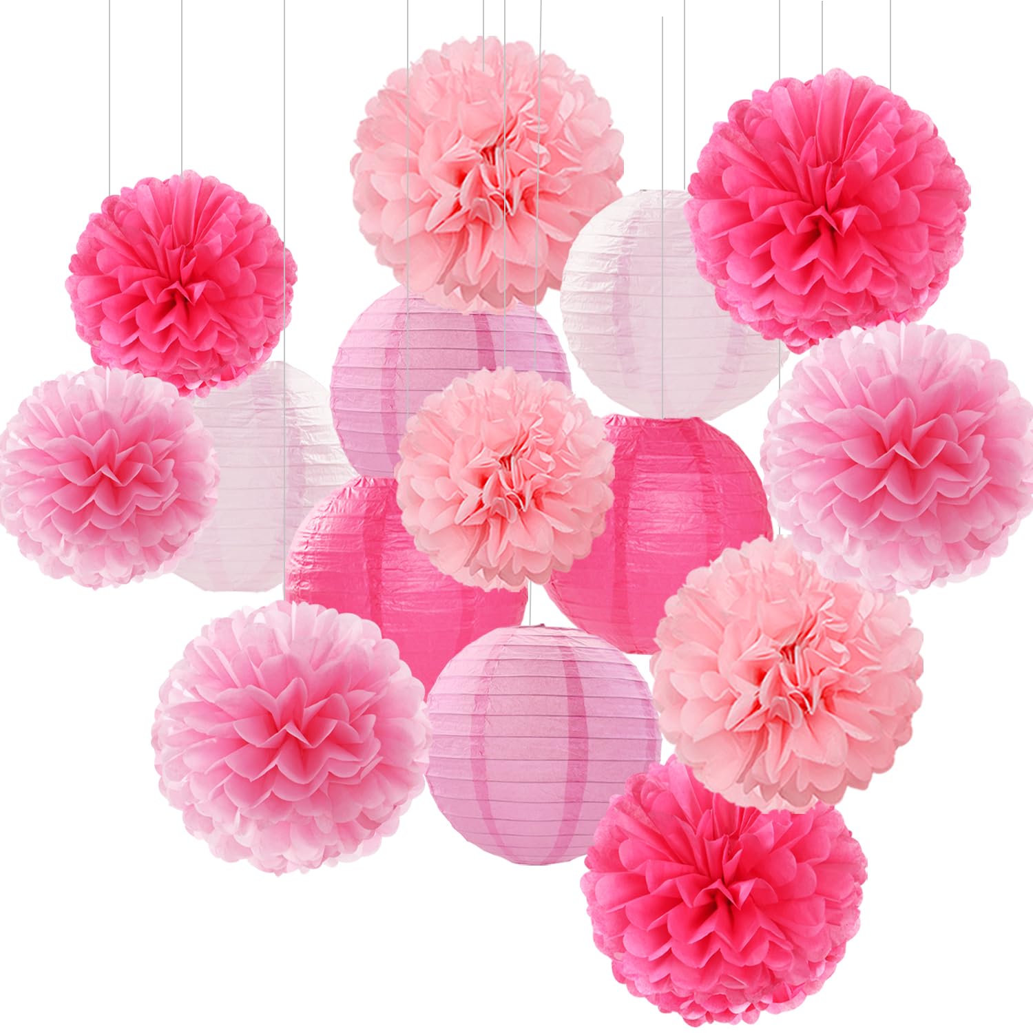 Light-Hot Pink Party-Decorations Paper-Flowers Lanterns- 15Pcs Graduation Girl Birthday Decor Tissue Pom Poms Streamers, Bridal