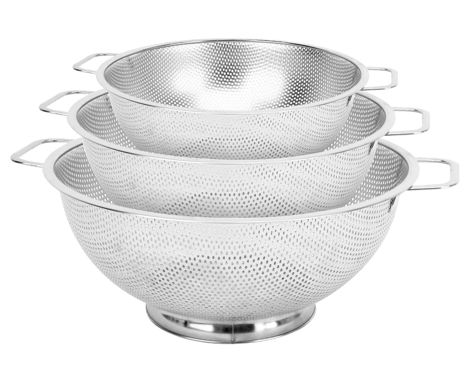 3PCS Colander for Kitchen, 3QT & 4QT & 5QT, Stainless Steel Colander Strainer with Handle for Fruits Vegetables Cooking Food, Di
