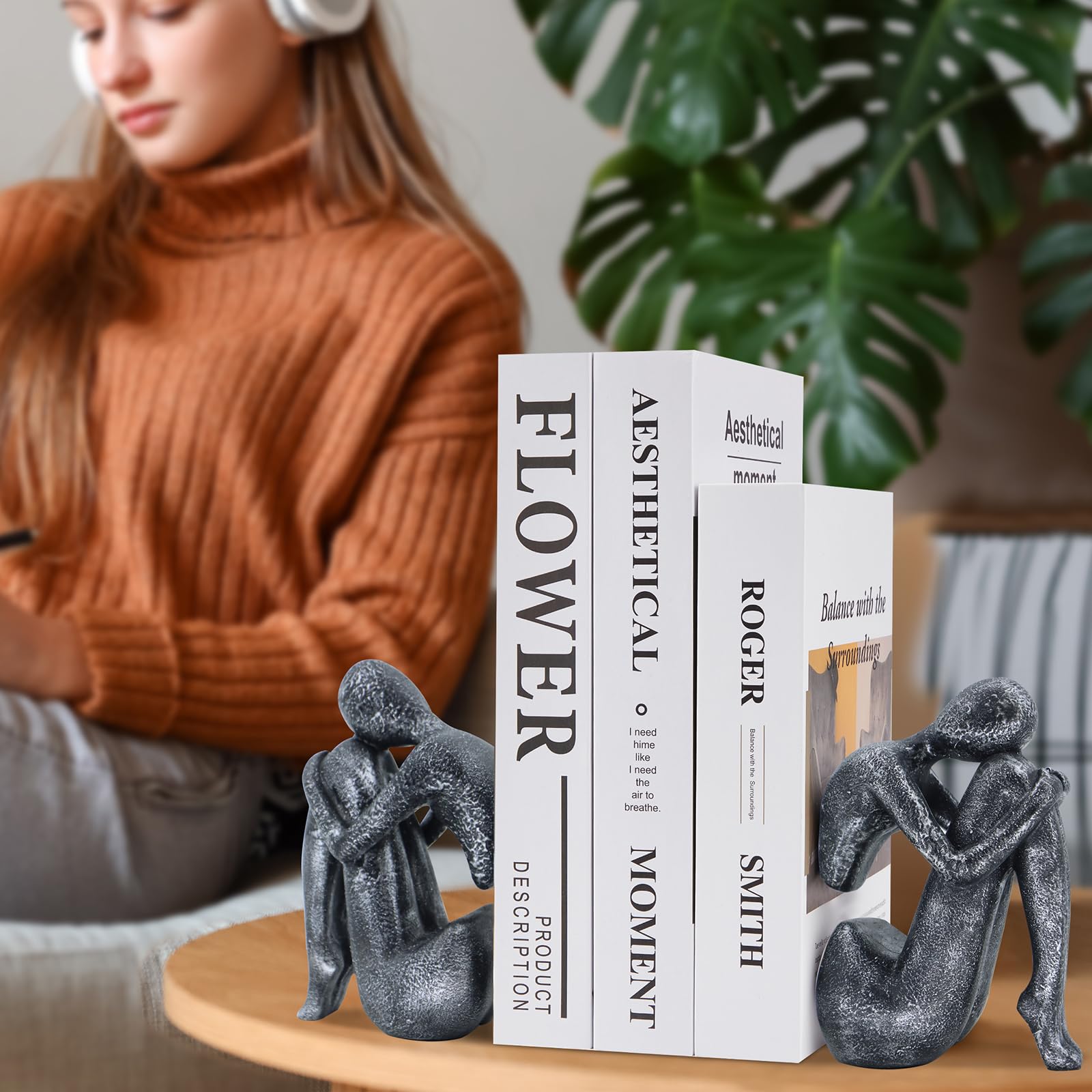Xmeden Grey Book Ends Decorative, Girl Thinker Design, Modern Bookends for Shelves, Non-Skid Heavy Duty Resin Book Stopper for B