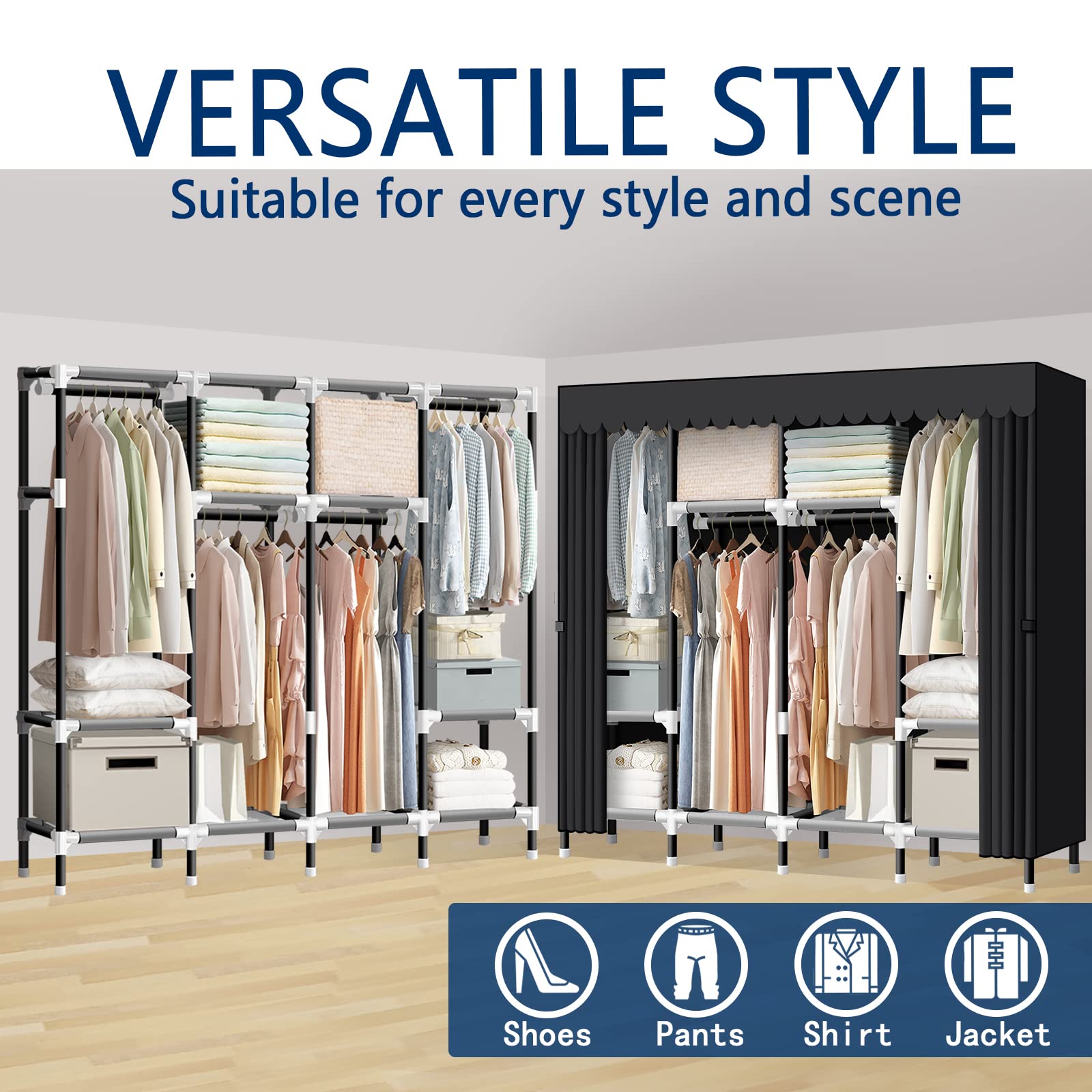 Lokeme Portable Closet, 67 Inch Wardrobe Closet For Hanging Clothes With 4 Hanging Rods, 25Mm Steel Tube Clothes Storage Organiz