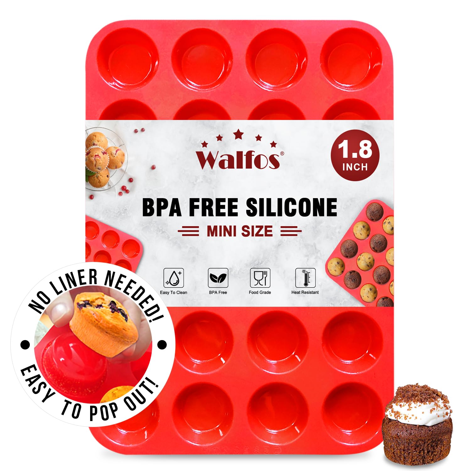 Walfos Mini Silicone Muffin Pan - 24 Cups, Bpa Free And Dishwasher Safe, Non-Stick Silicone Cupcake Baking Pan, Great For Making