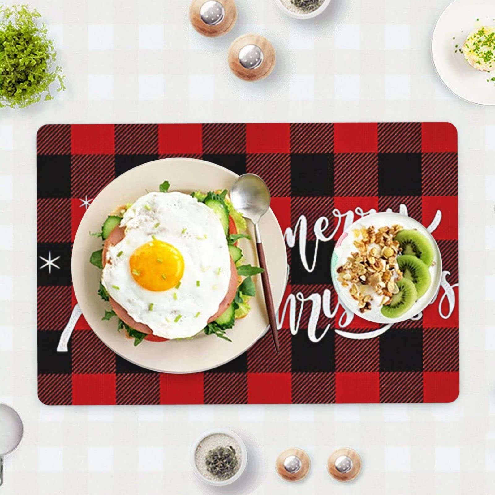 Christmas Placemats Set of 6 for Christmas Dining Table Snowflake Santa Deer Christmas Tree Xmas Placemats 12x18 Inch Washable Table Mats for Christmas Party Decoration