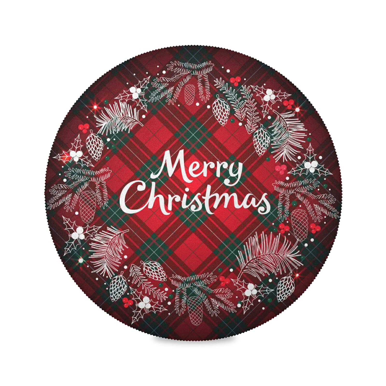 Kcldeci Merry Christmas Round Placemats Set Of 4 For Dining Table, Xmas Place Mats Buffalo Check Plaid Wreath Heat Resistant Kit