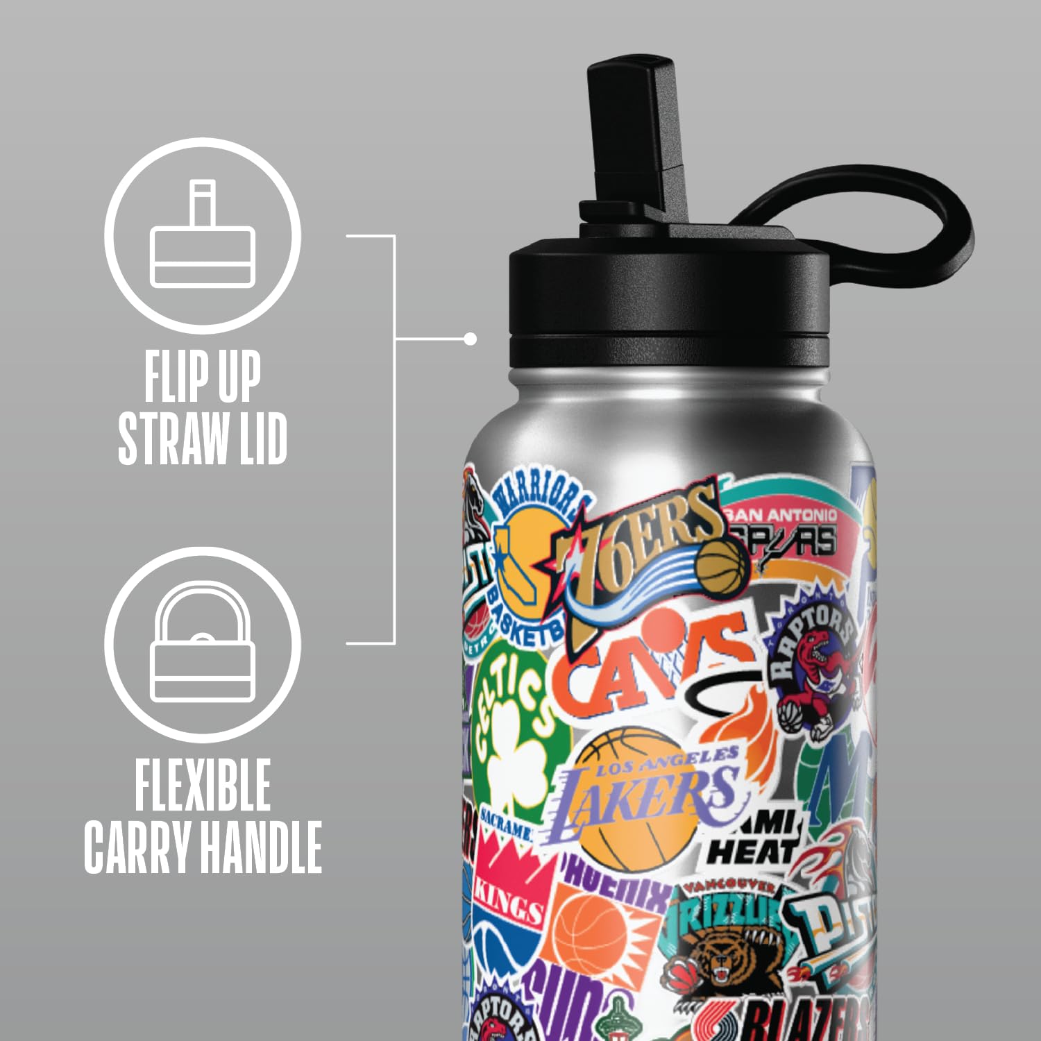 Hydrapeak X Nba Officially Licensed All Team Hardwood Classics Sticker Print 32 Oz Insulated Water Bottle With Straw Lid And Han