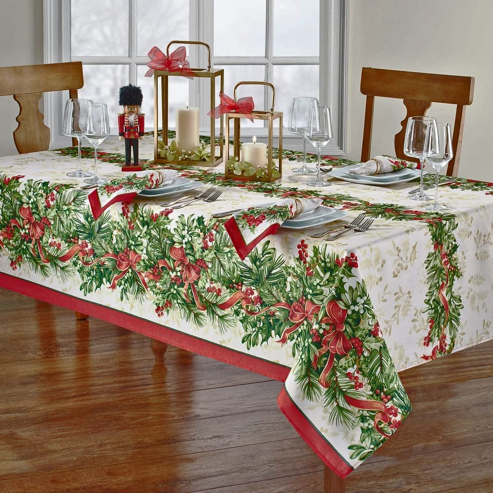 Newbridge Christmas Holly Ribbon Traditions Bordered 60 X 84 Inch Rectangle Fabric Tablecloth, Boughs Of Holly And Berry Ribbon