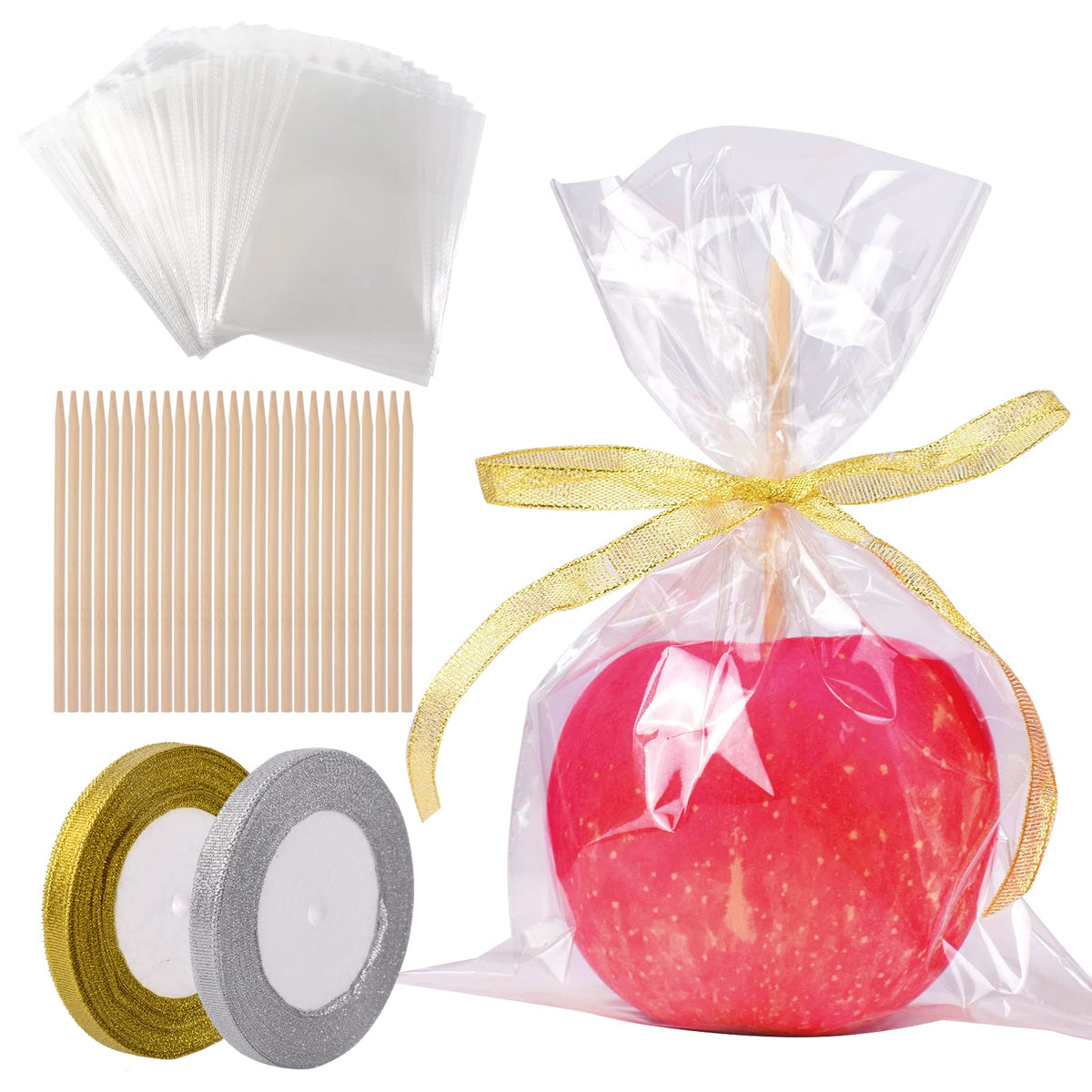 122 Pcs Candy Apple Kit Supplies,60 Pcs Candy Apple Bags,60 Pcs Apple Bamboo Sticks With Gold And Sliver Glitter Ribbon For Hall