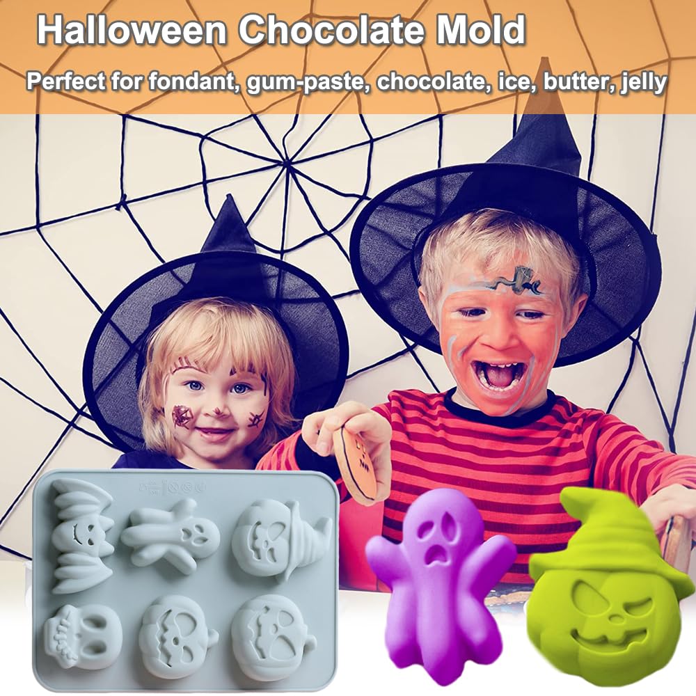 2 Pack Halloween Silicone Cake Mold Pumpkin Bat Skull Ghost Shape Silicone Mold For Chocolate Candy Gummy Jello Ice Cube Crayon