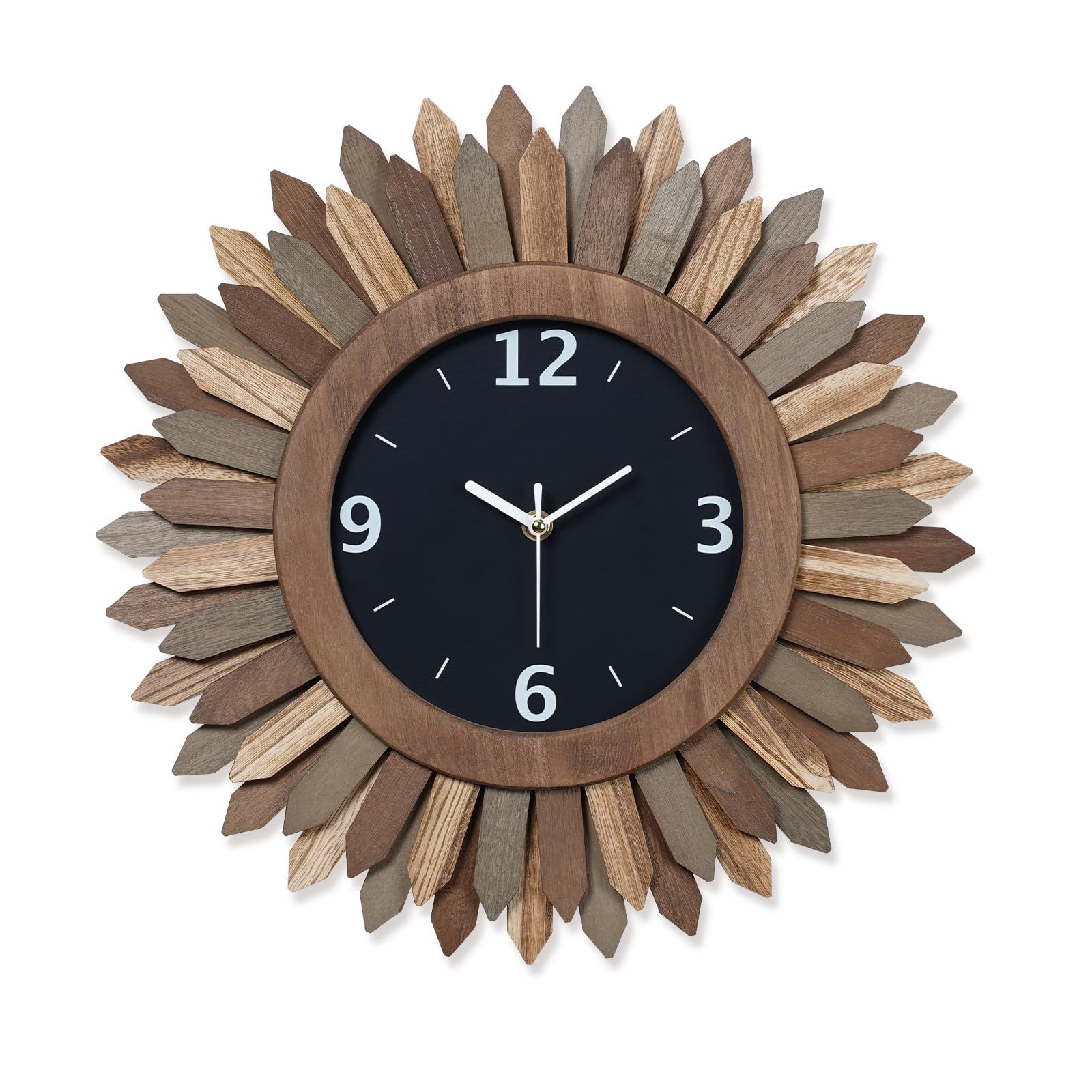 Honiway 16 Inch Wall Clocks, Rustic Wood Boho Sunburst Decorative Wall Clock Battery Operated Silent Non Ticking Farmhouse Large