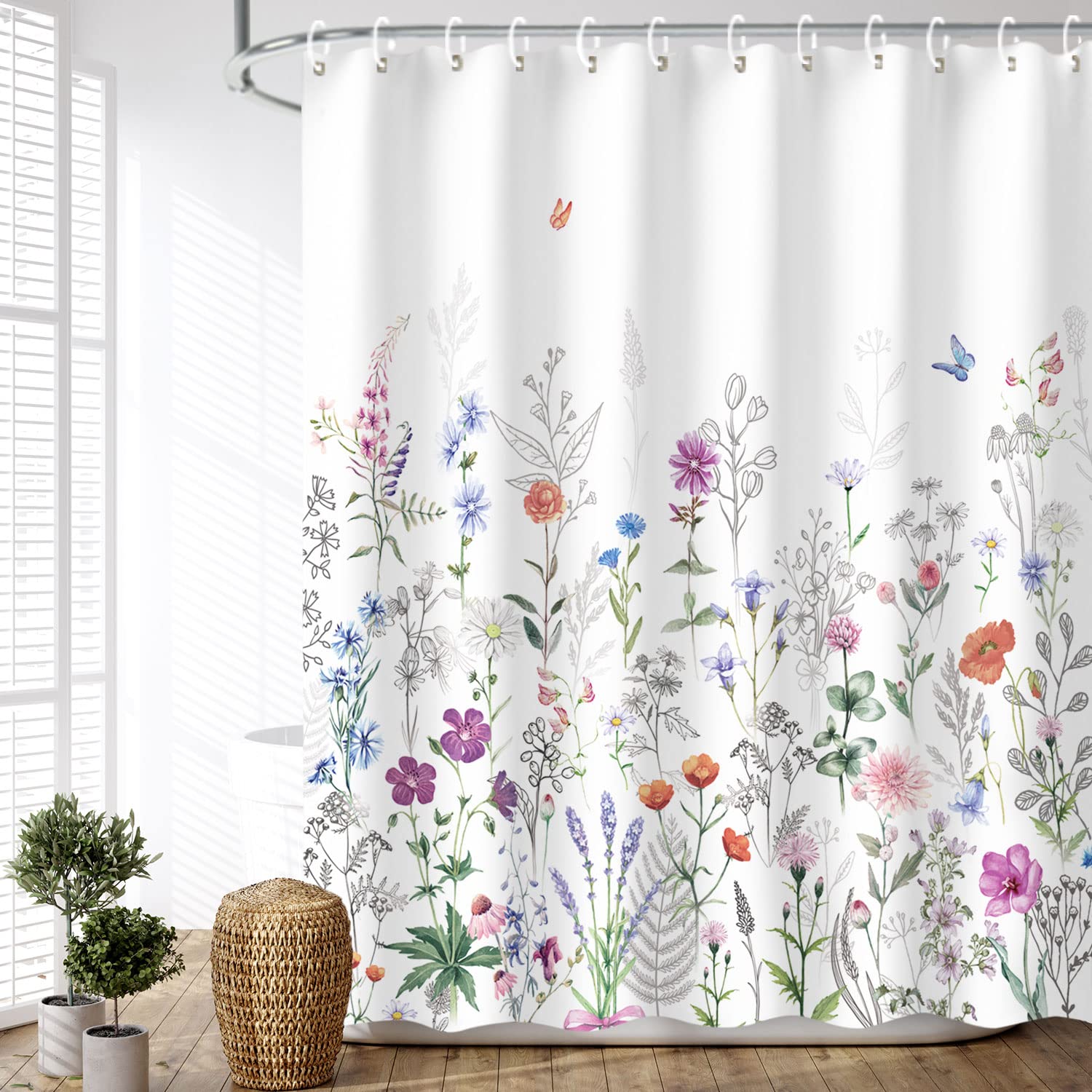 Livilan Floral Shower Curtain Flower Shower Curtain Butterfly Showers Curtain For Bathroom Lilac Shower Curtain With Hooks Water
